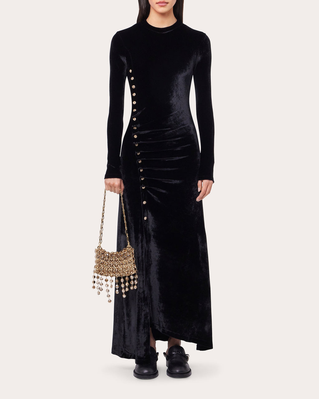 Gathered Embellished Velvet Midi Dress