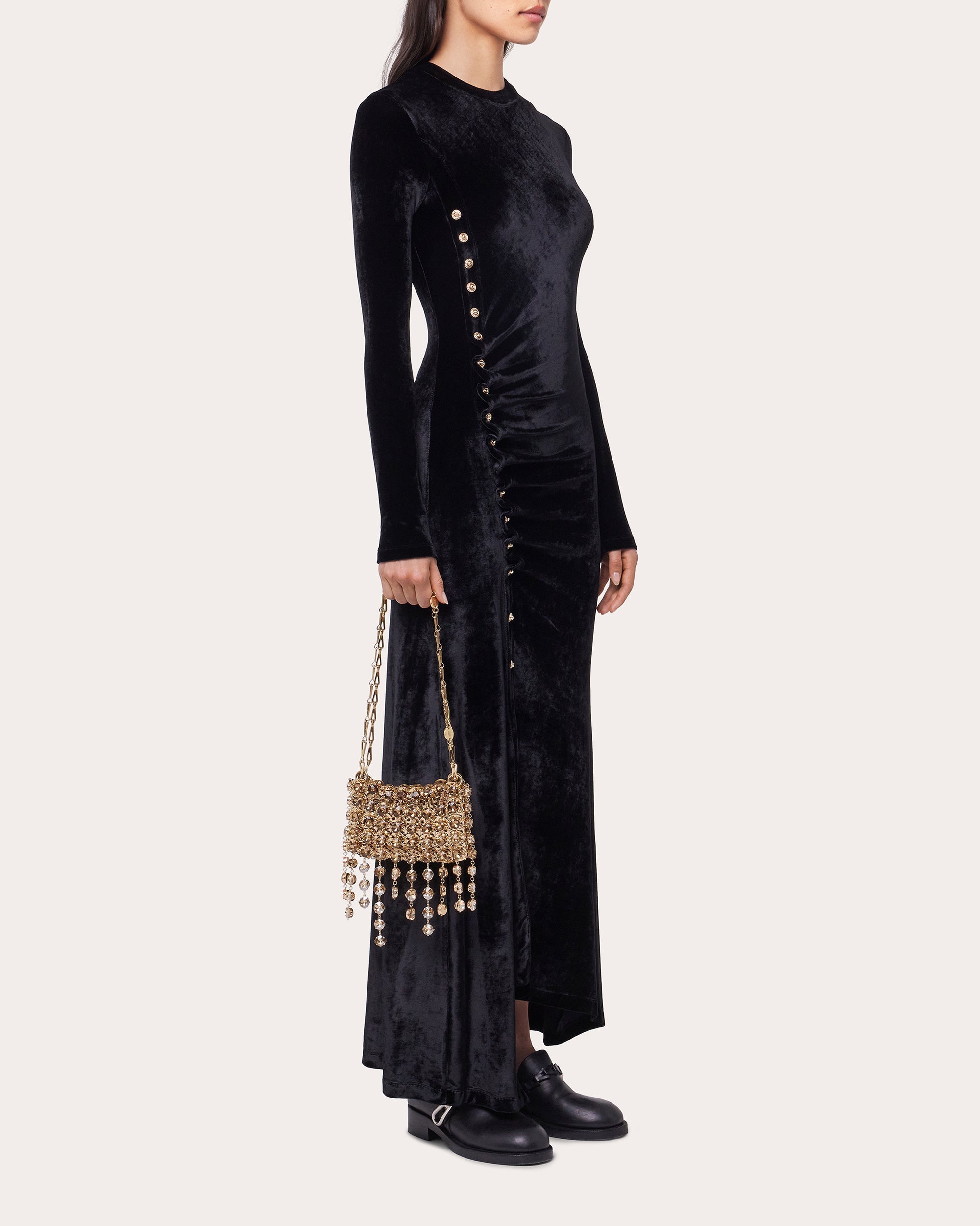 Gathered Embellished Velvet Midi Dress