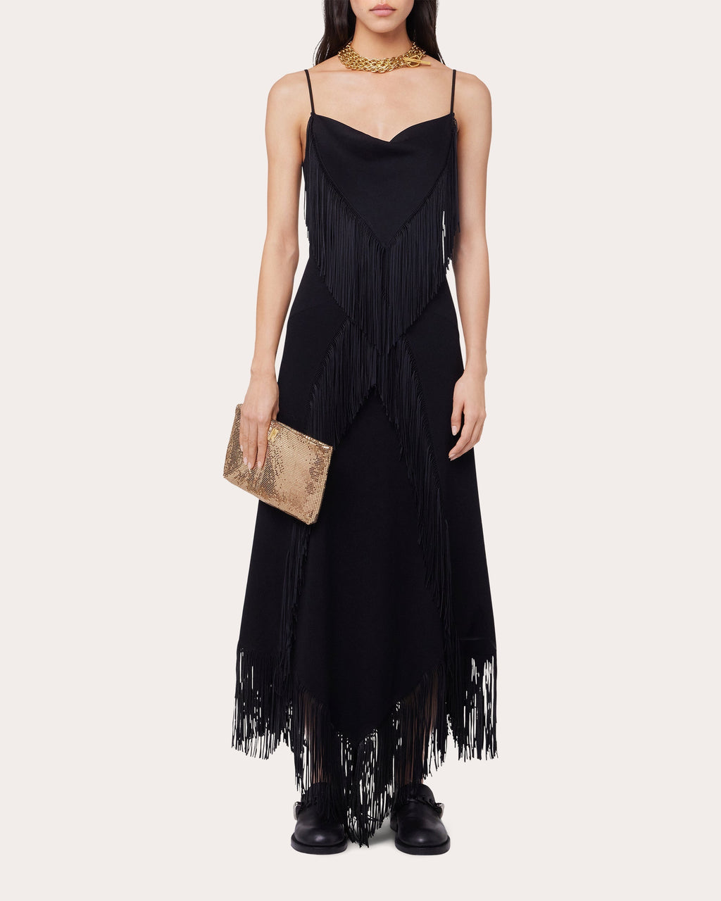 Asymmetric Fringe-Trimmed Crepe Midi Dress