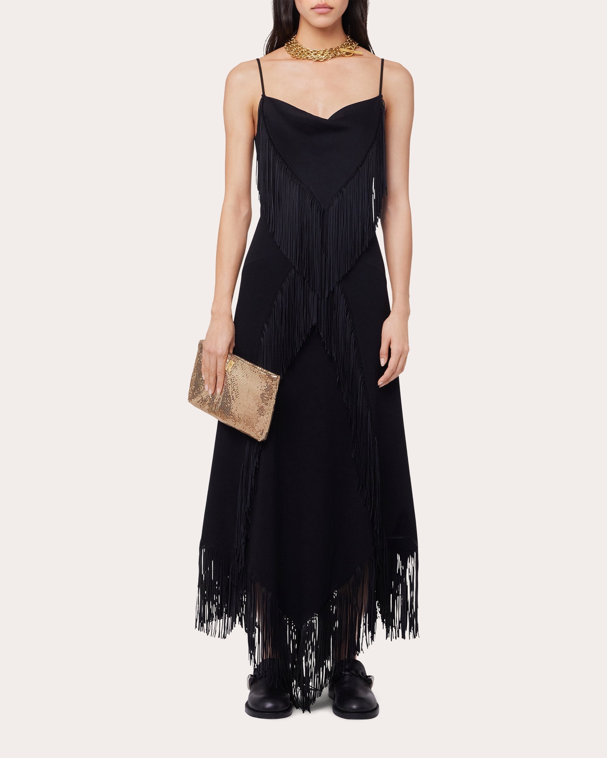Asymmetric Fringe-Trimmed Crepe Midi Dress