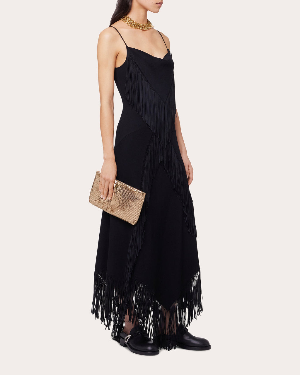 Asymmetric Fringe-Trimmed Crepe Midi Dress