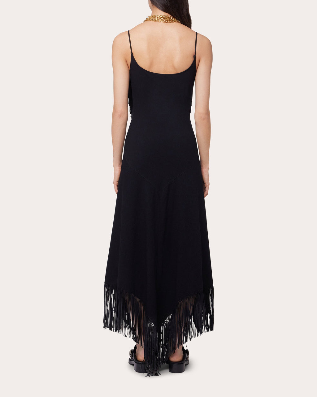 Asymmetric Fringe-Trimmed Crepe Midi Dress