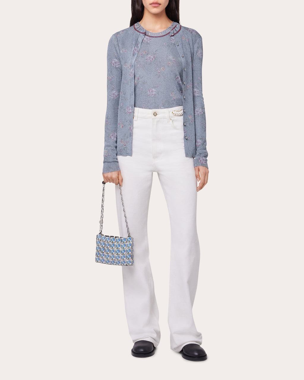 Floral-Print Metallic Knit Cardigan