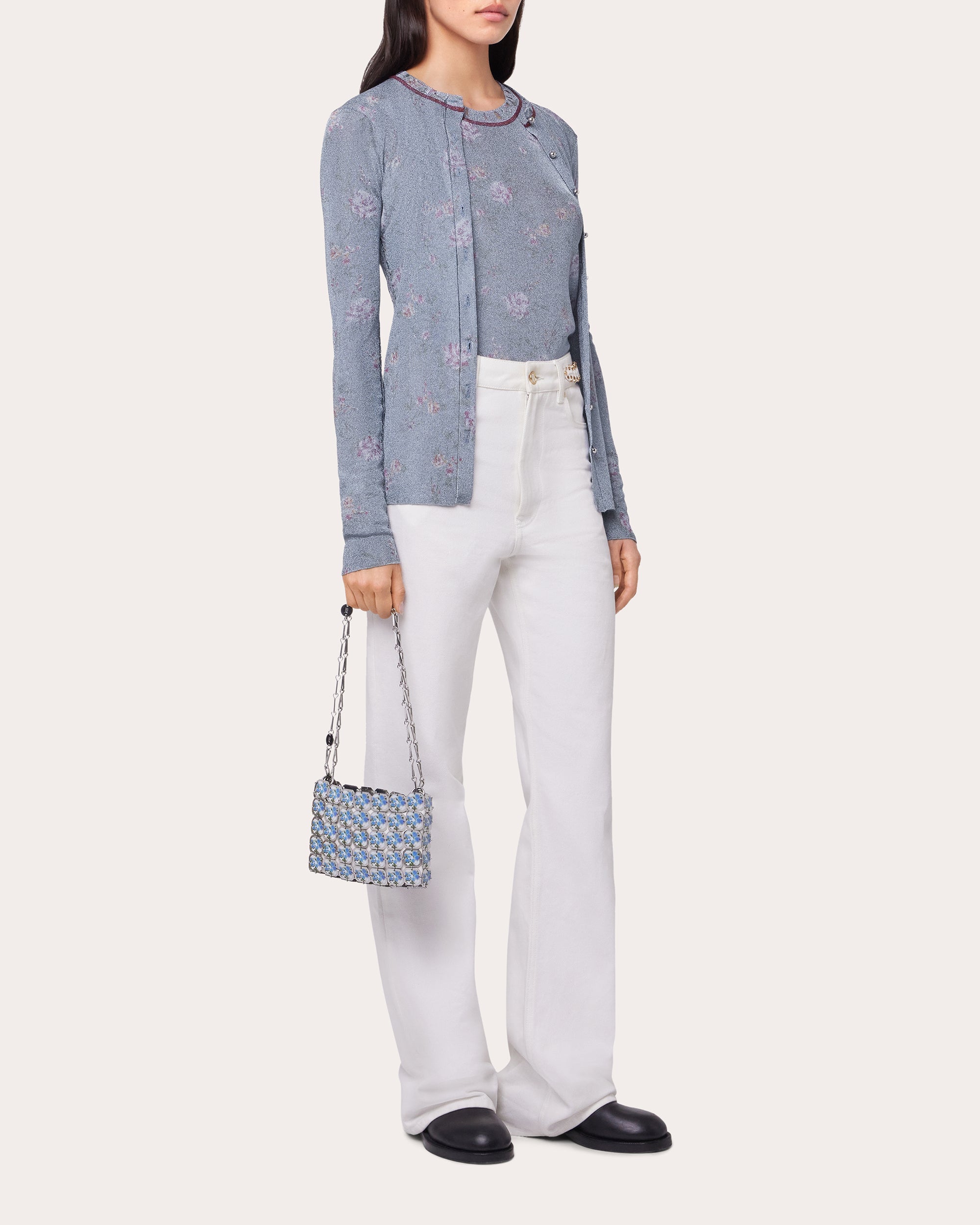 Floral-Print Metallic Knit Cardigan