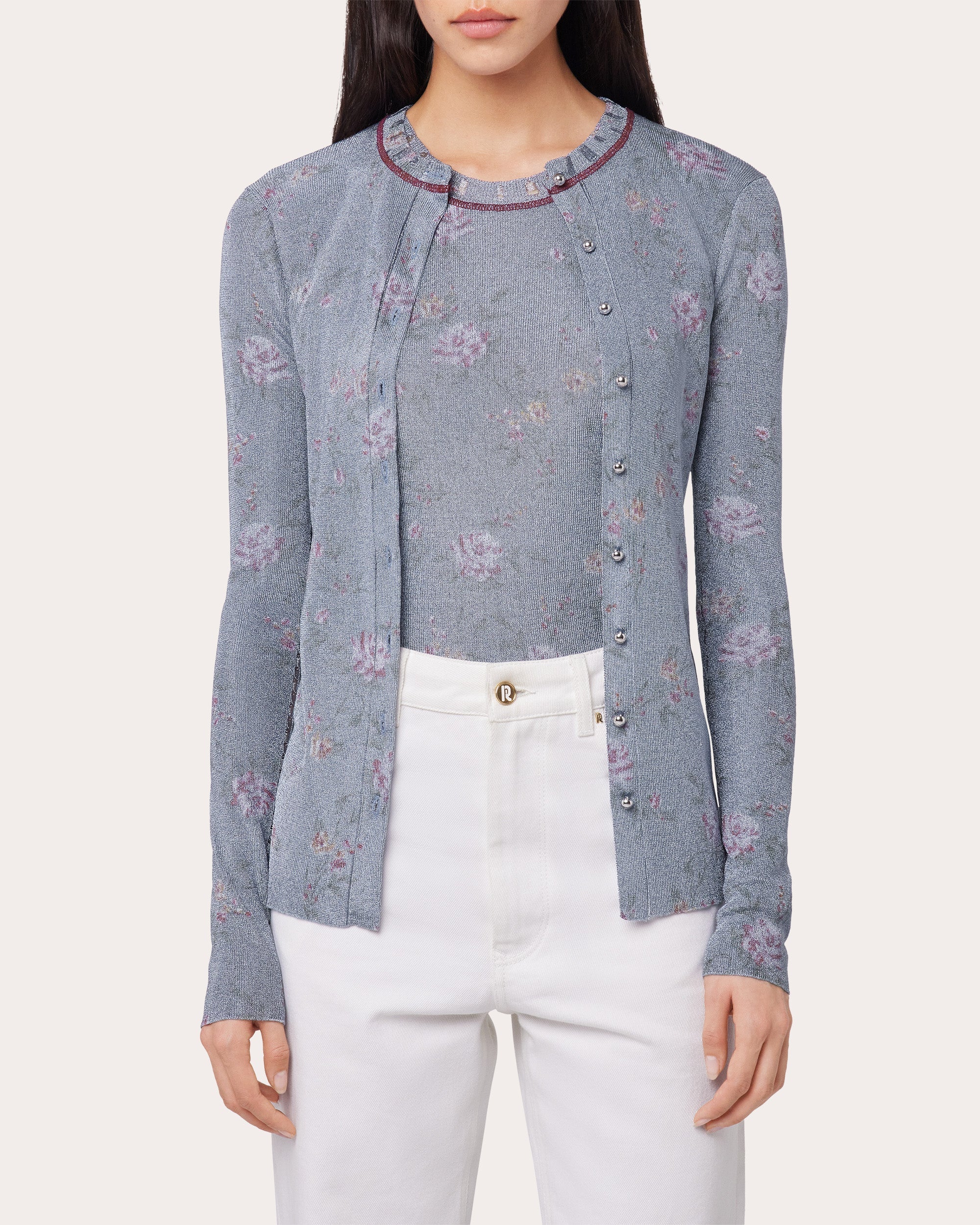 Floral-Print Metallic Knit Cardigan