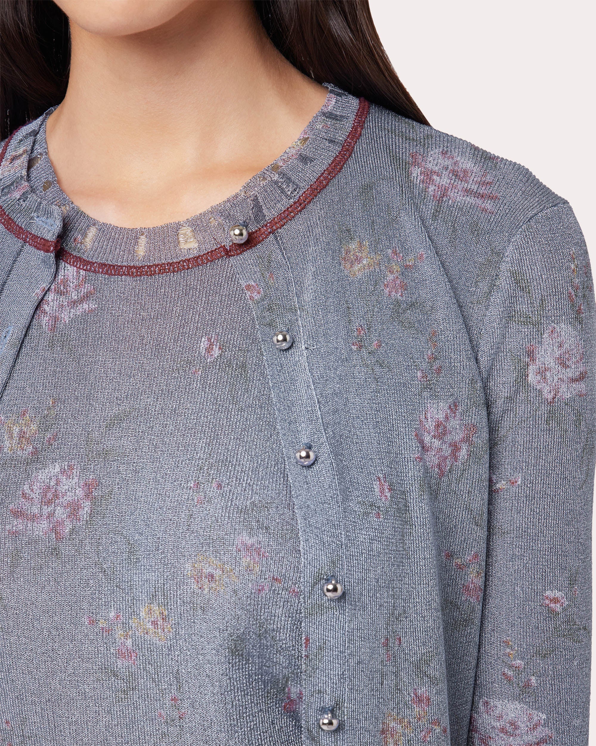 Floral-Print Metallic Knit Cardigan