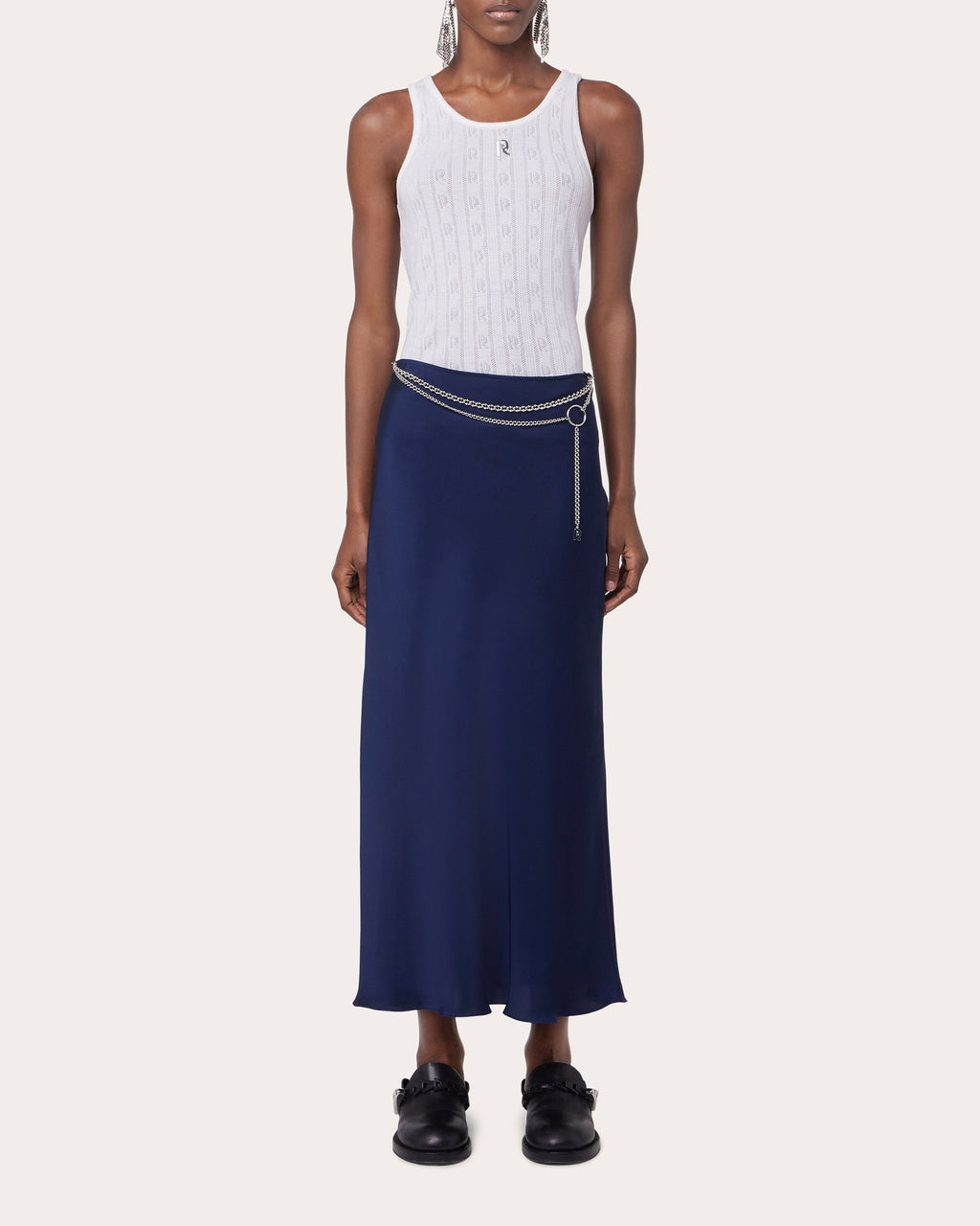 Chain-Embellished Satin Midi Skirt