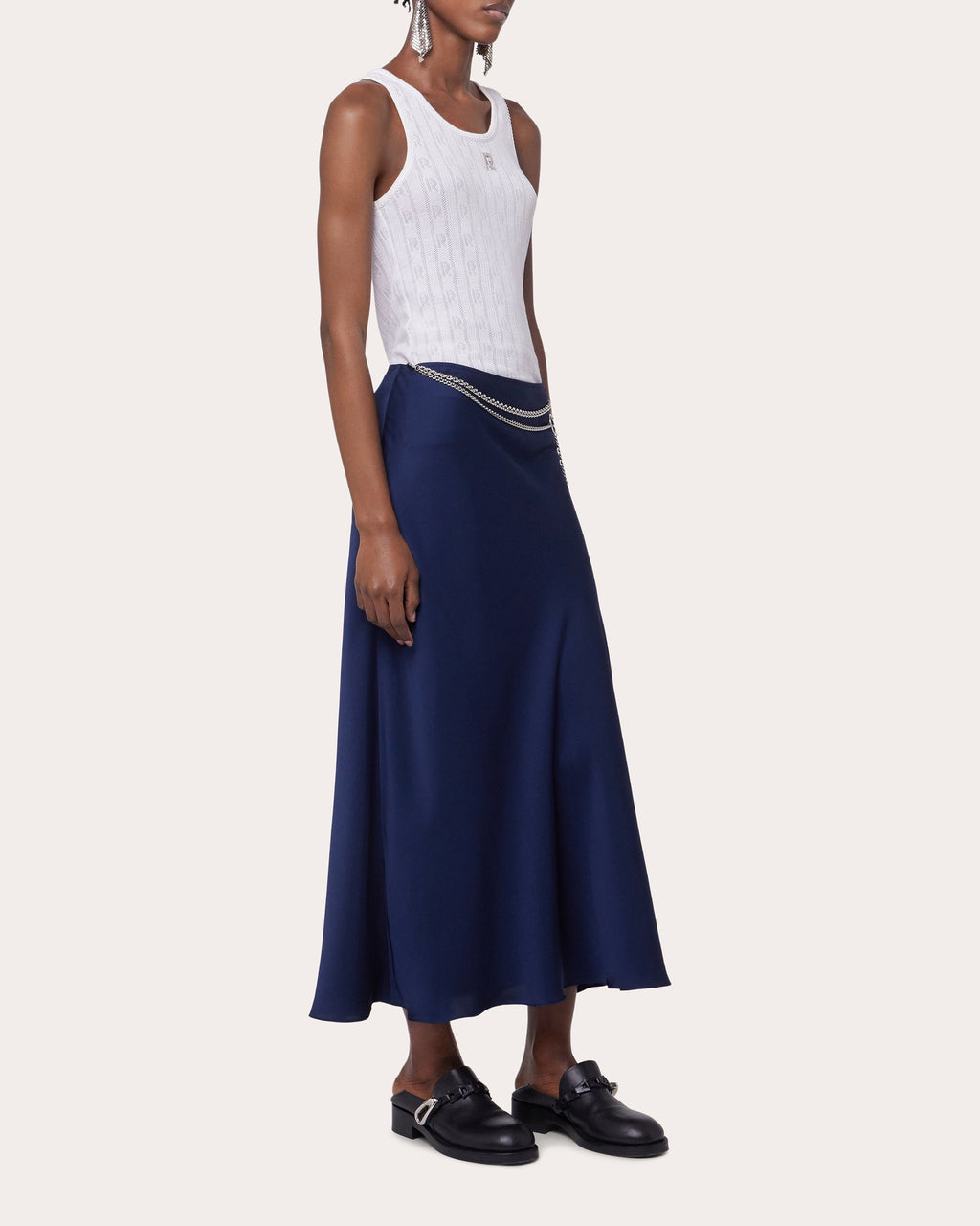 Chain-Embellished Satin Midi Skirt