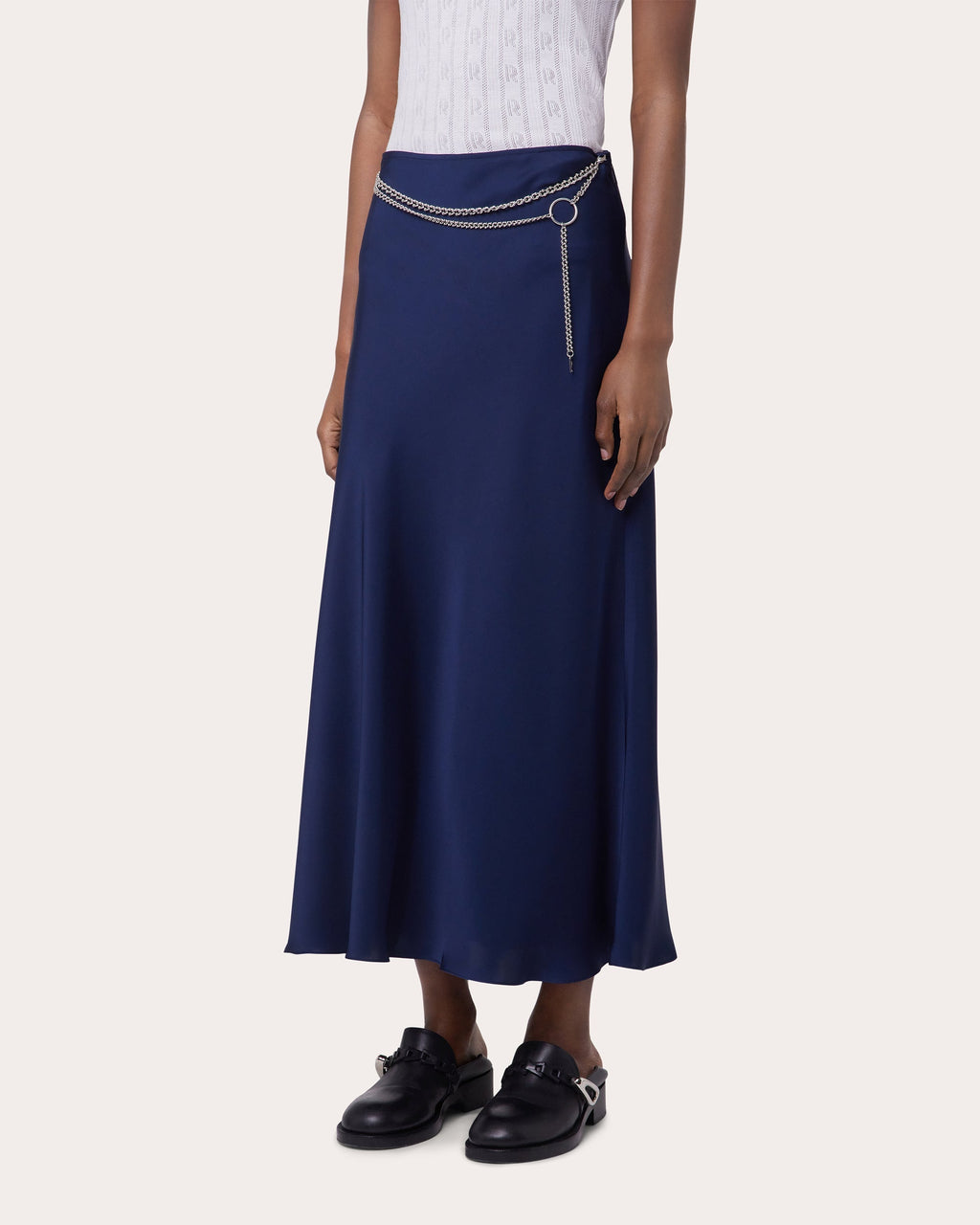 Chain-Embellished Satin Midi Skirt