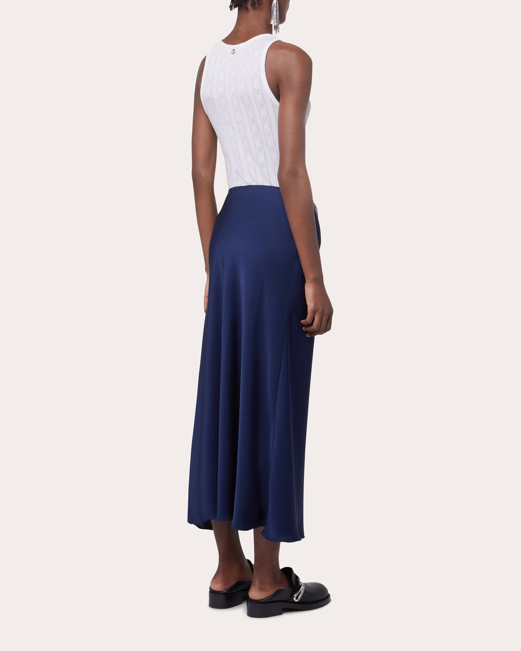 Chain-Embellished Satin Midi Skirt