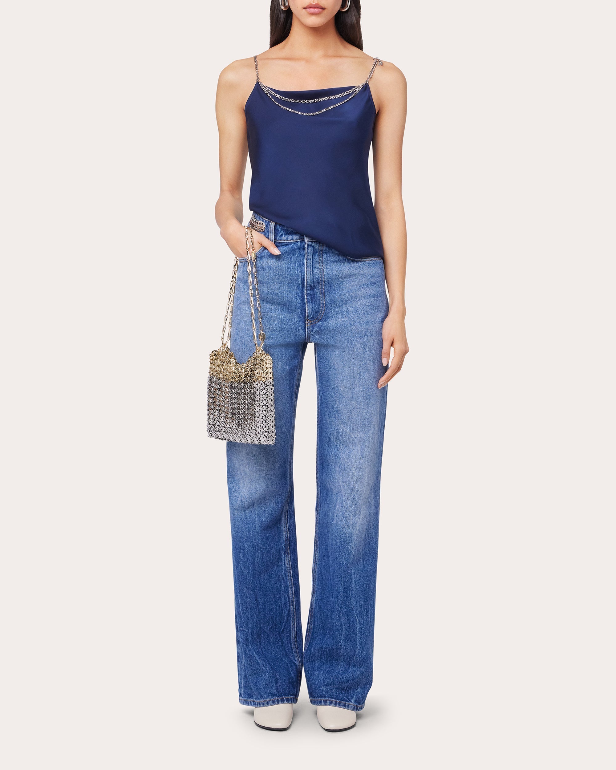 Chain-Embellished Draped Satin Top