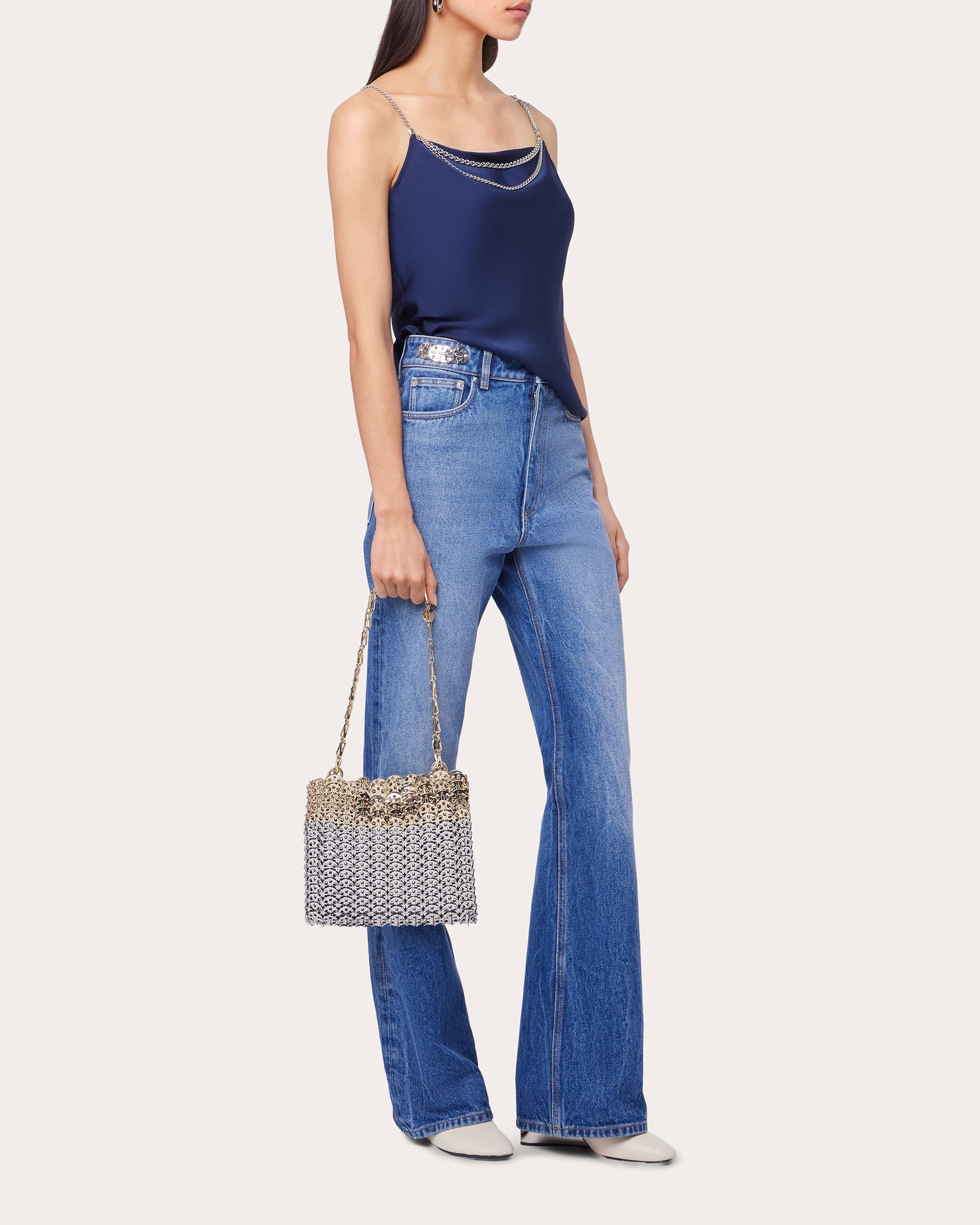 Chain-Embellished Draped Satin Top