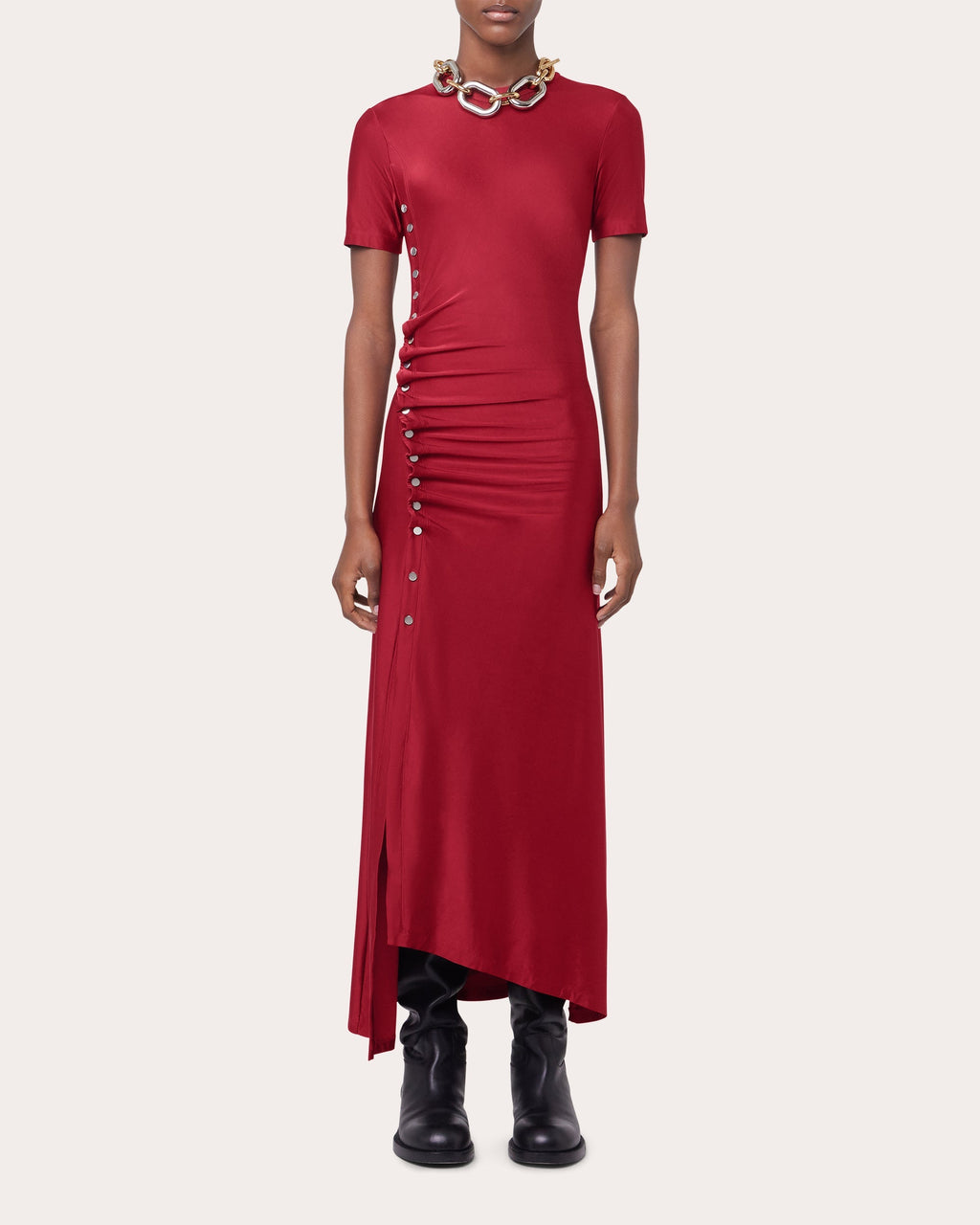 Gathered Embellished Satin Jersey Midi Dress