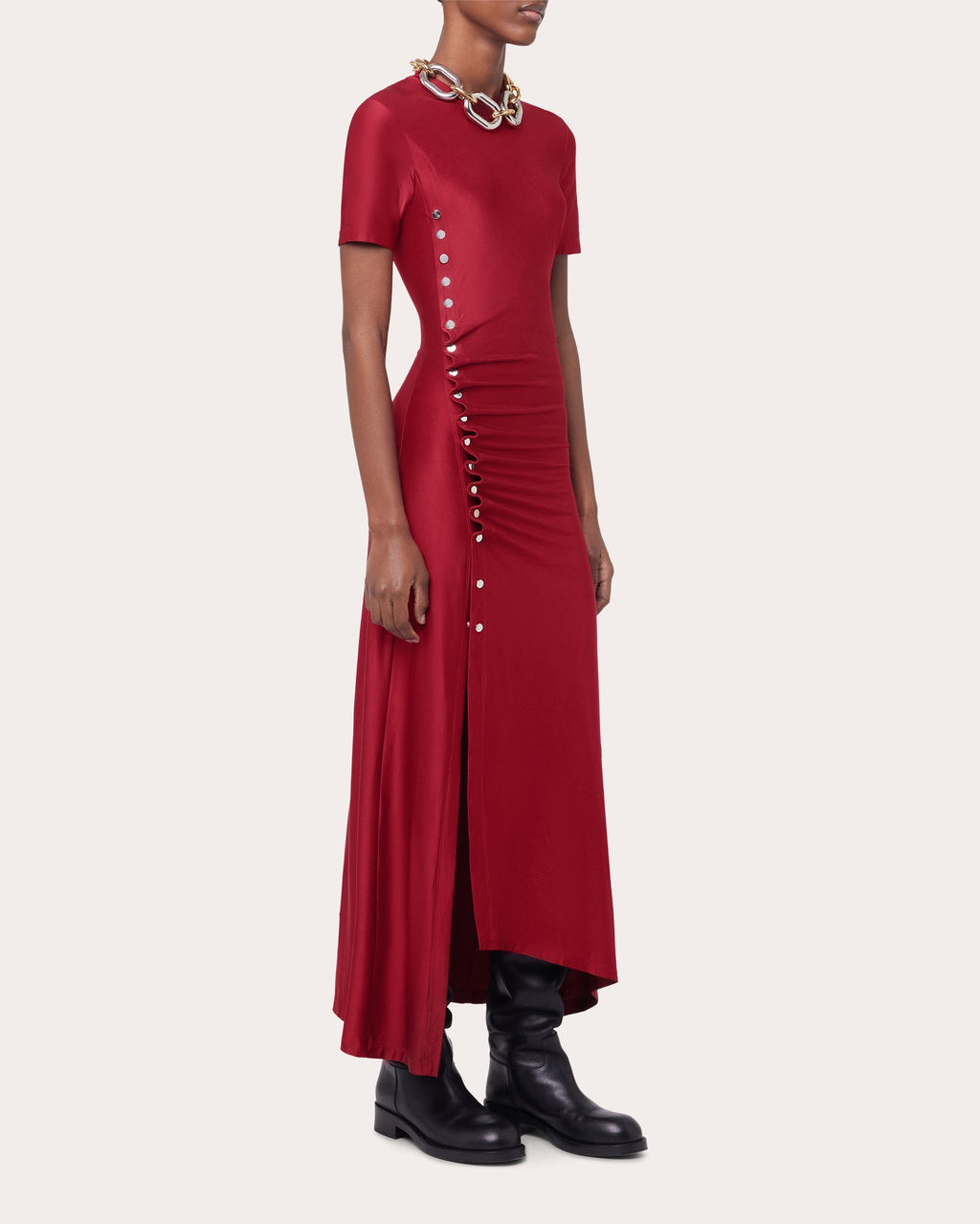 Gathered Embellished Satin Jersey Midi Dress