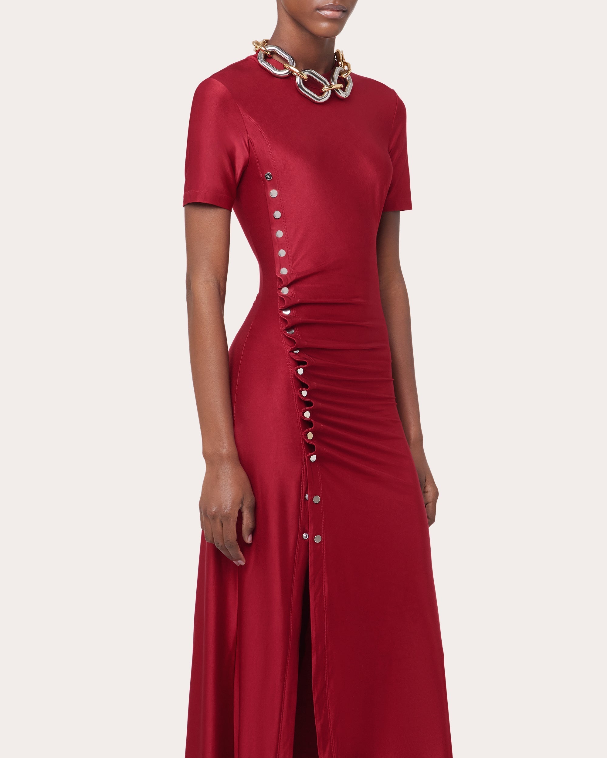 Gathered Embellished Satin Jersey Midi Dress