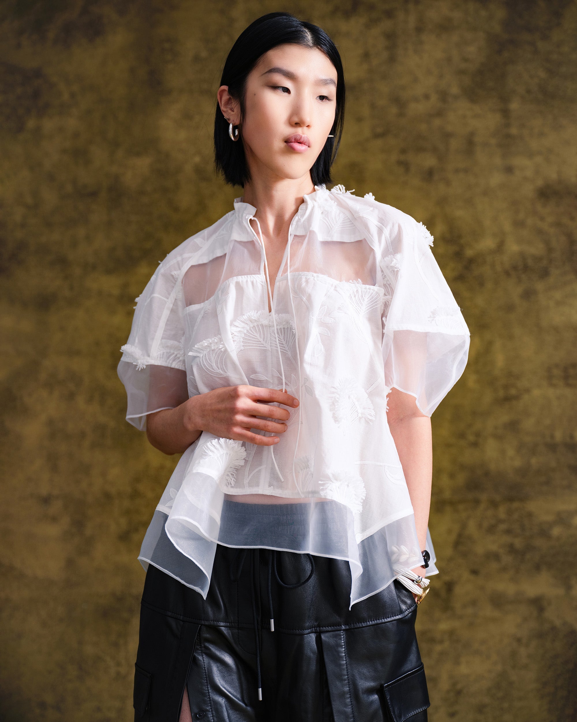 Paneled Embroidered Cotton Organza Top