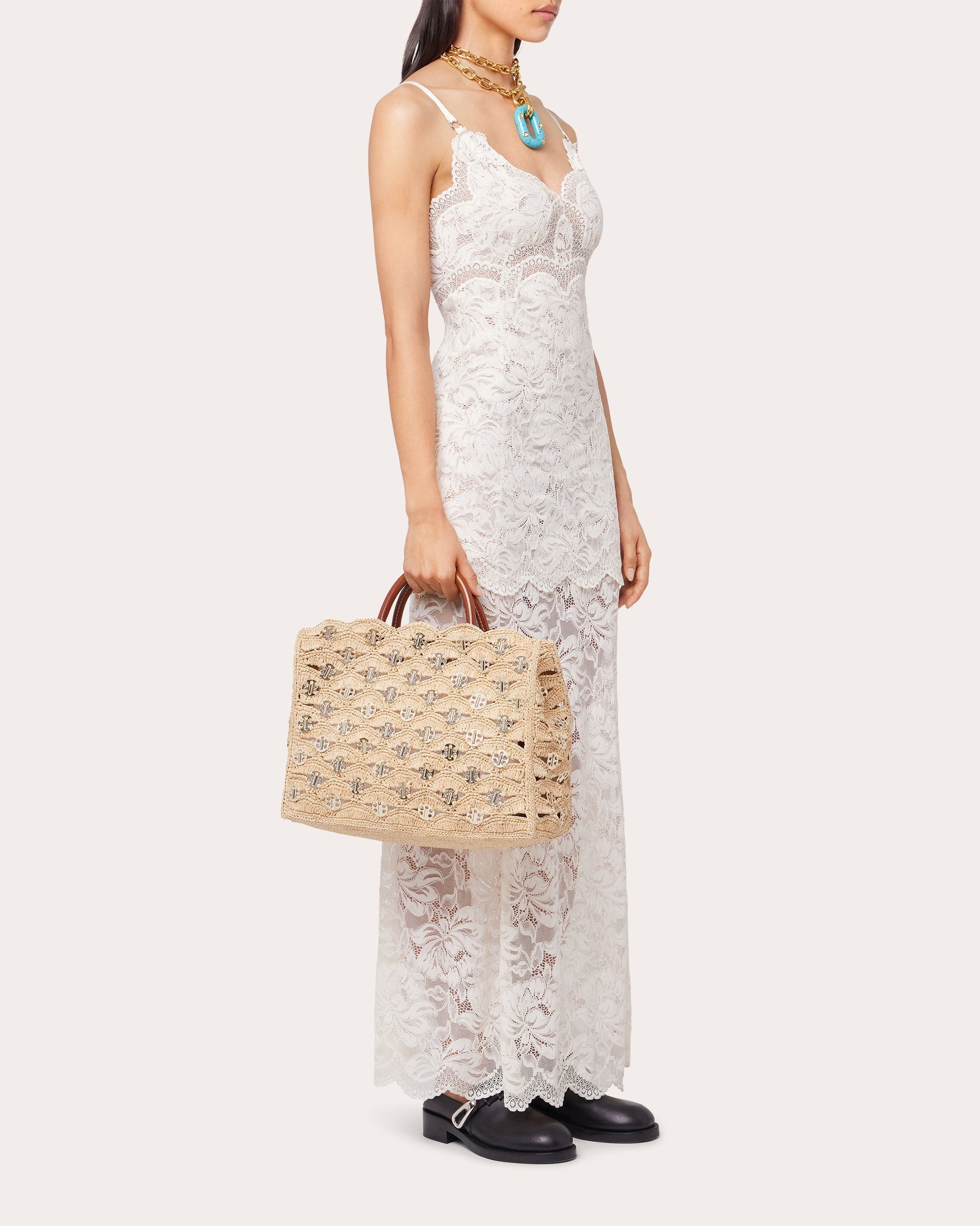 1969 Leather Trimmed Chainmail Embellished Raffia Tote