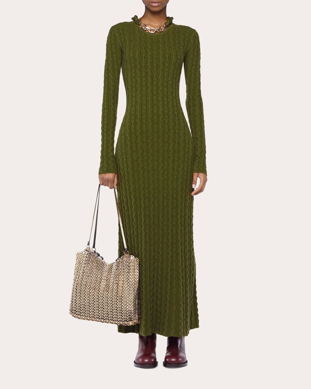 Wool Cashmere Cable Knit Chain Midi Dress