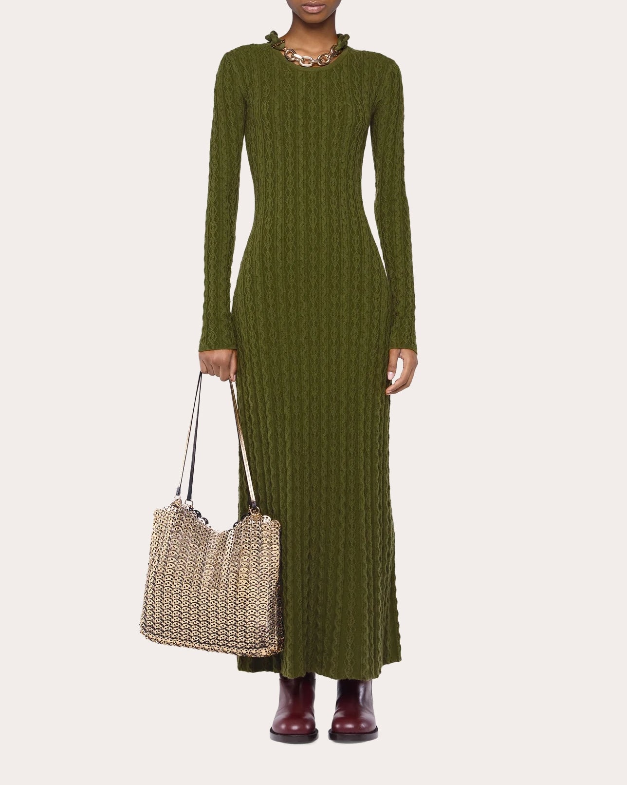 Wool Cashmere Cable Knit Chain Midi Dress