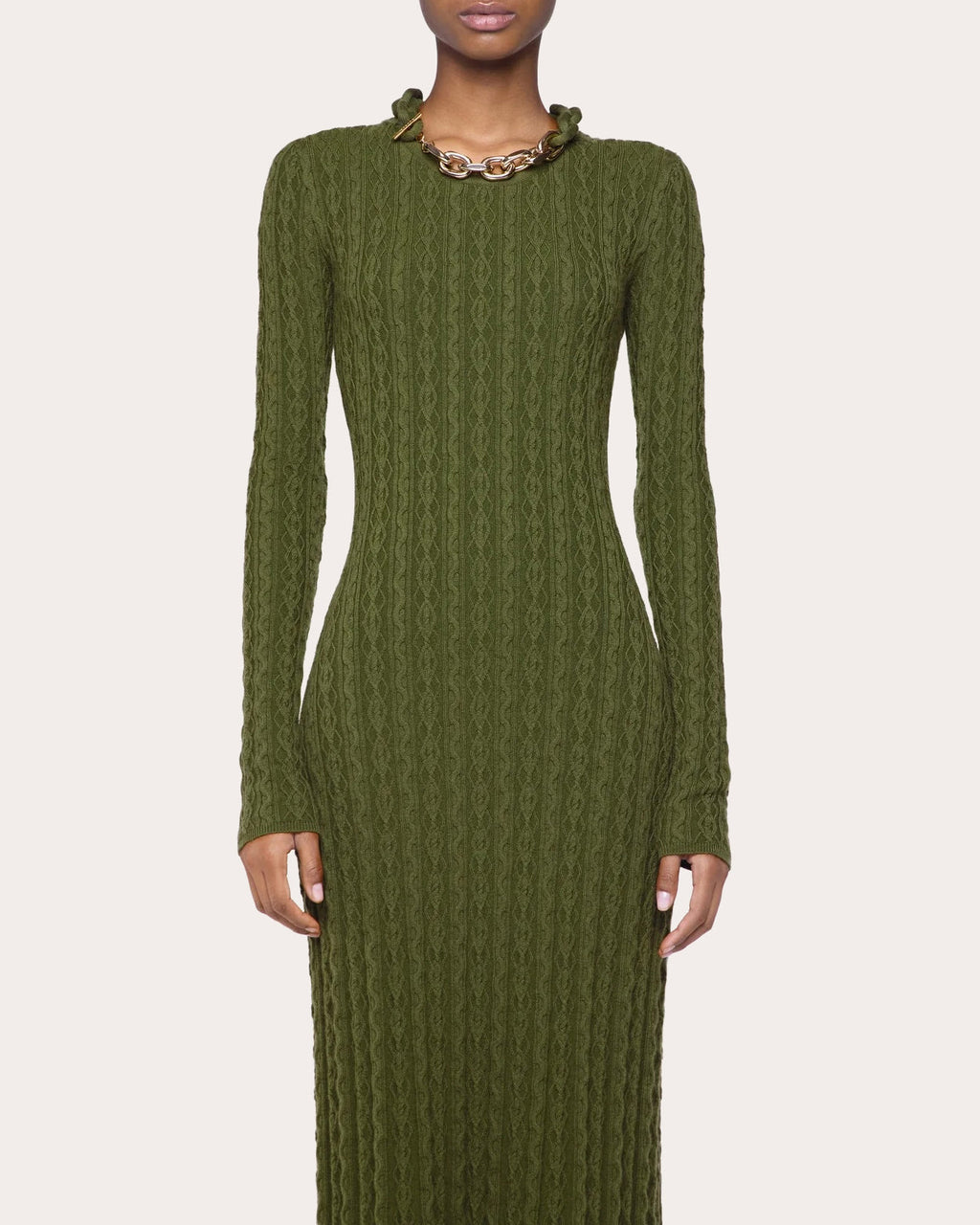 Wool Cashmere Cable Knit Chain Midi Dress