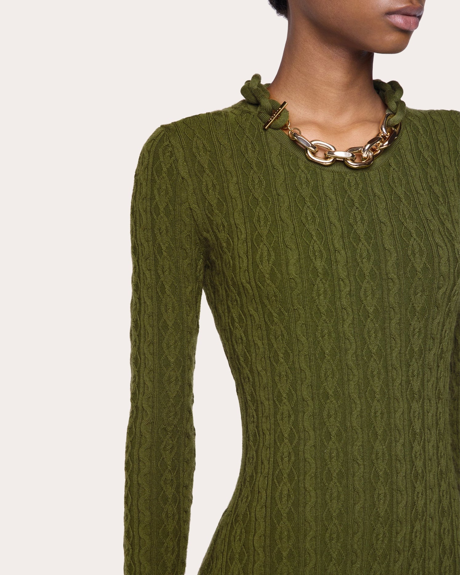 Wool Cashmere Cable Knit Chain Midi Dress