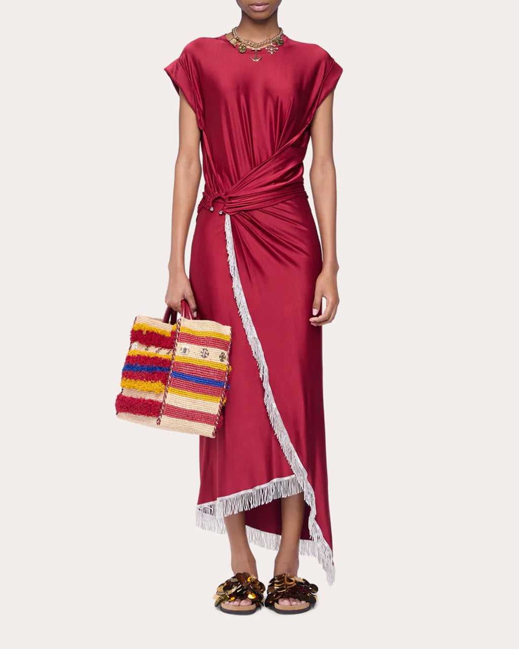 Embellished Asymmetric Satin Jersey Midi Dress
