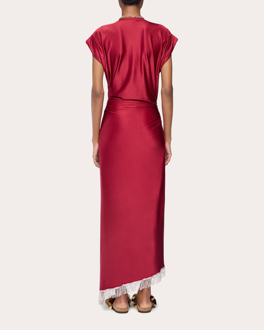 Embellished Asymmetric Satin Jersey Midi Dress