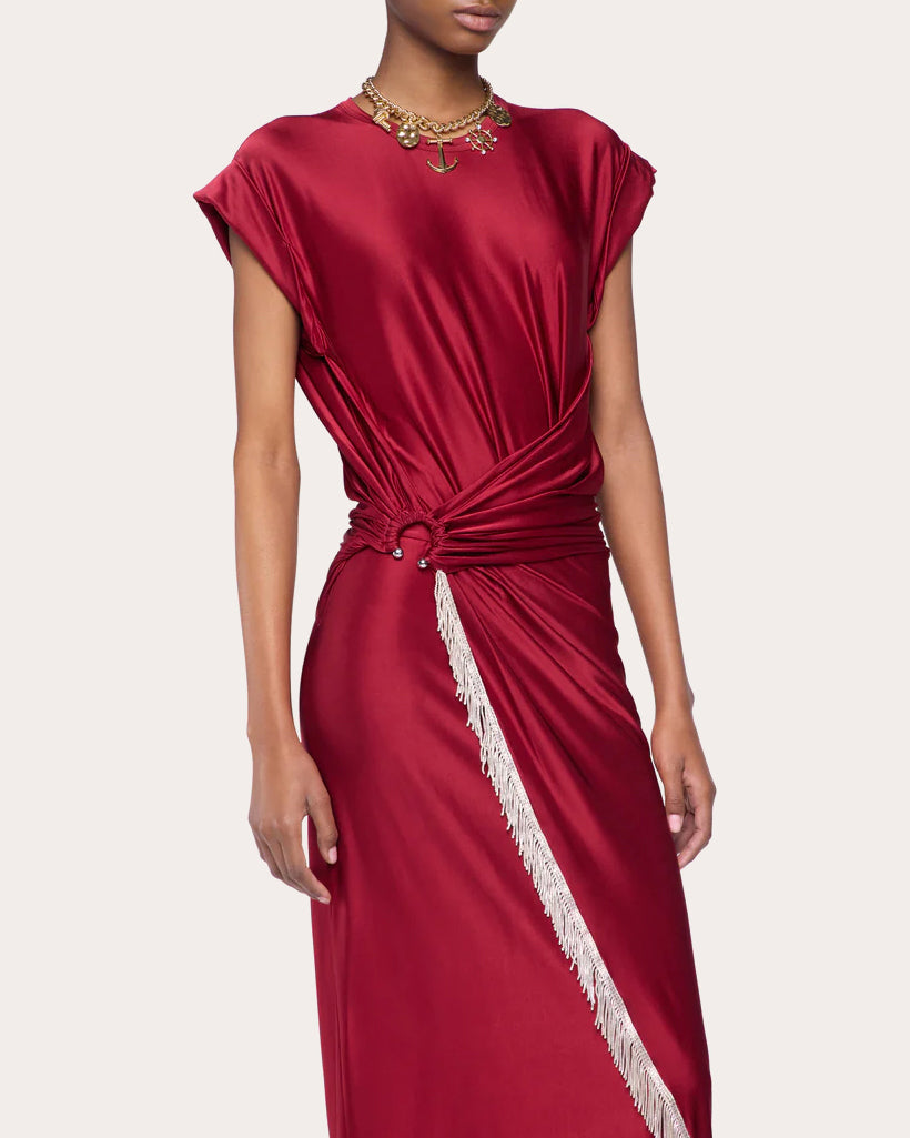 Embellished Asymmetric Satin Jersey Midi Dress
