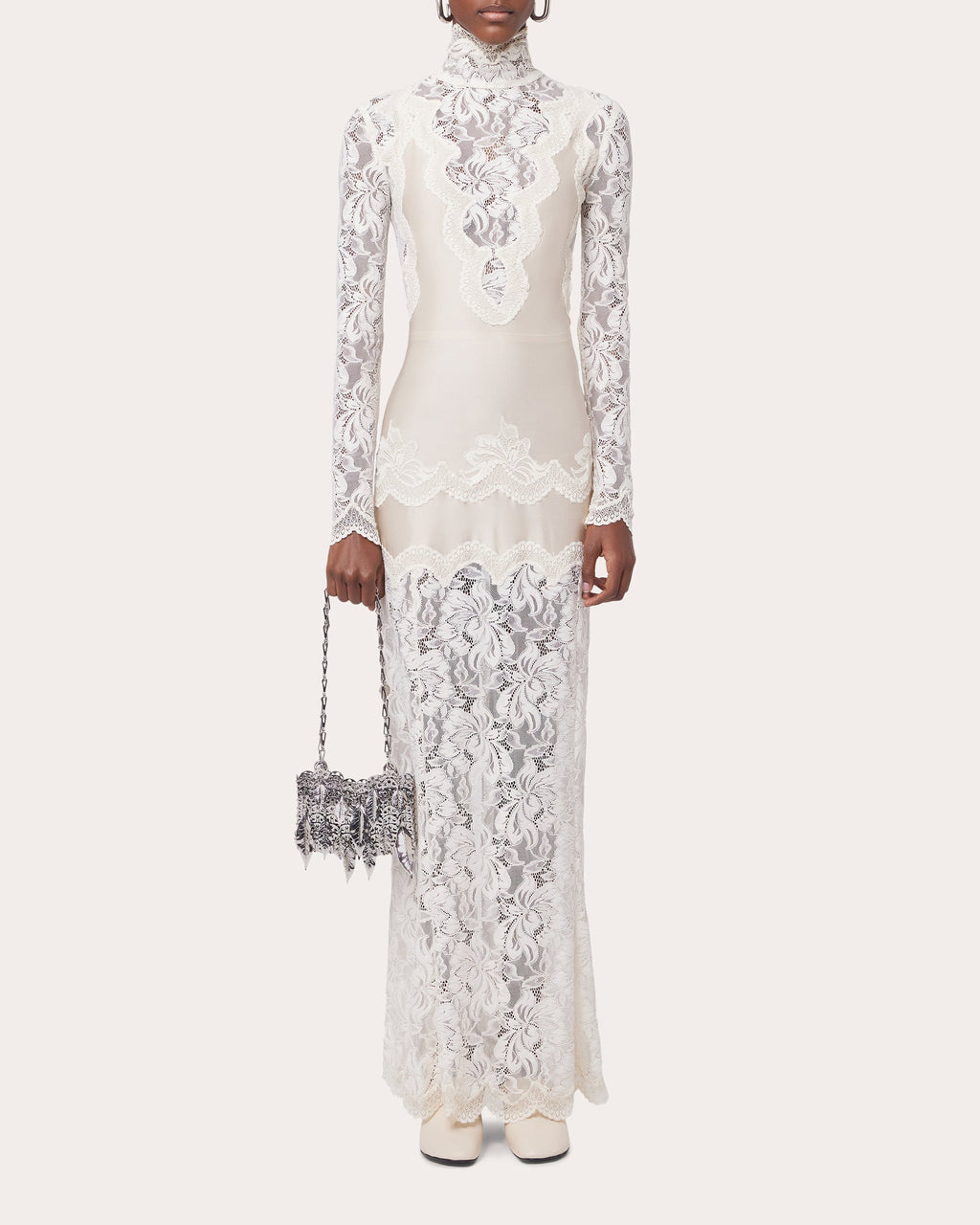 Lace Jersey Mock Neck Maxi Dress