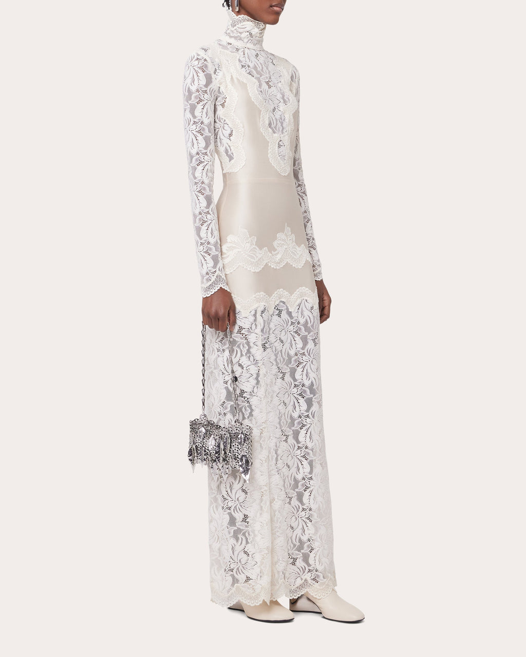 Lace Jersey Mock Neck Maxi Dress