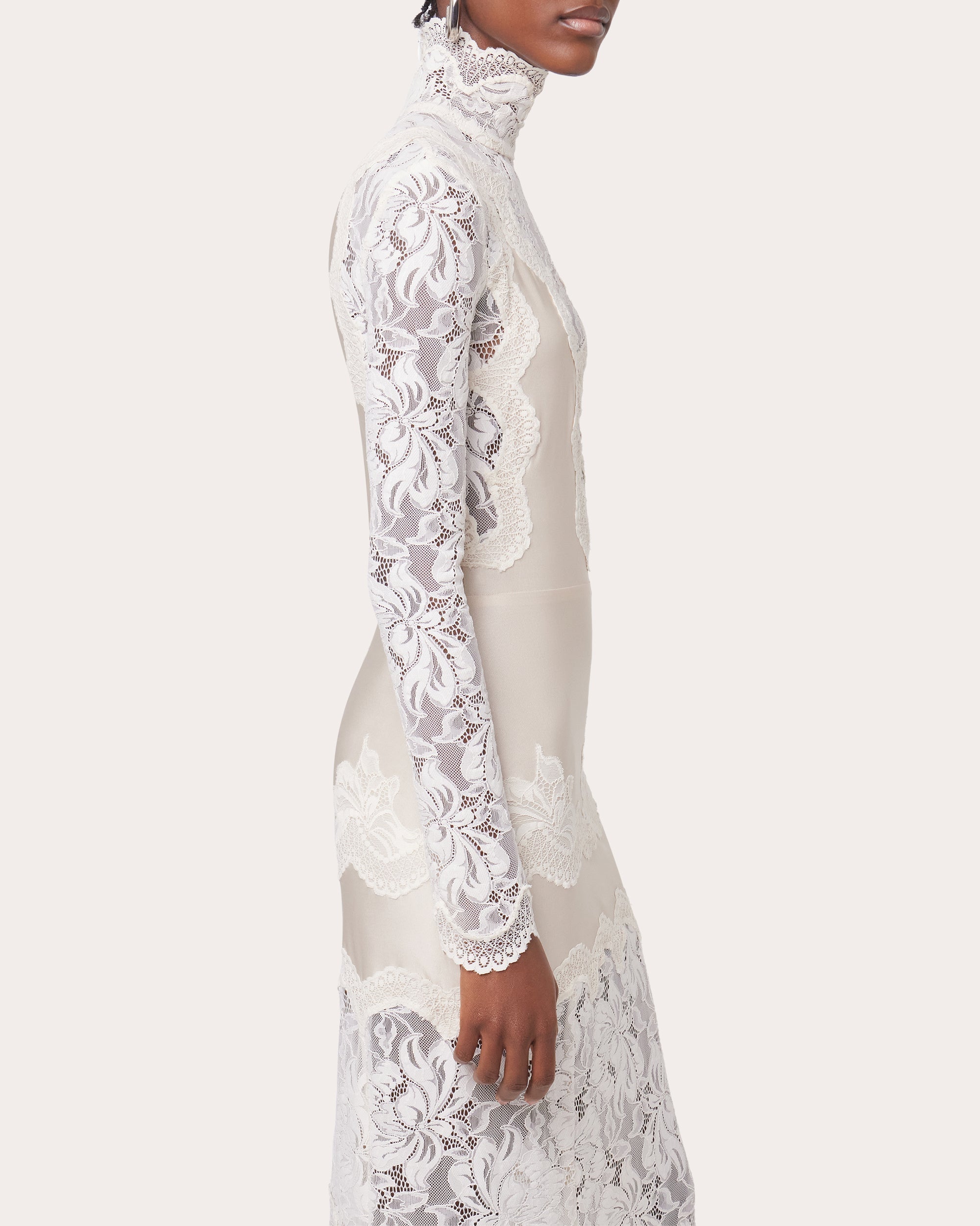 Lace Jersey Mock Neck Maxi Dress