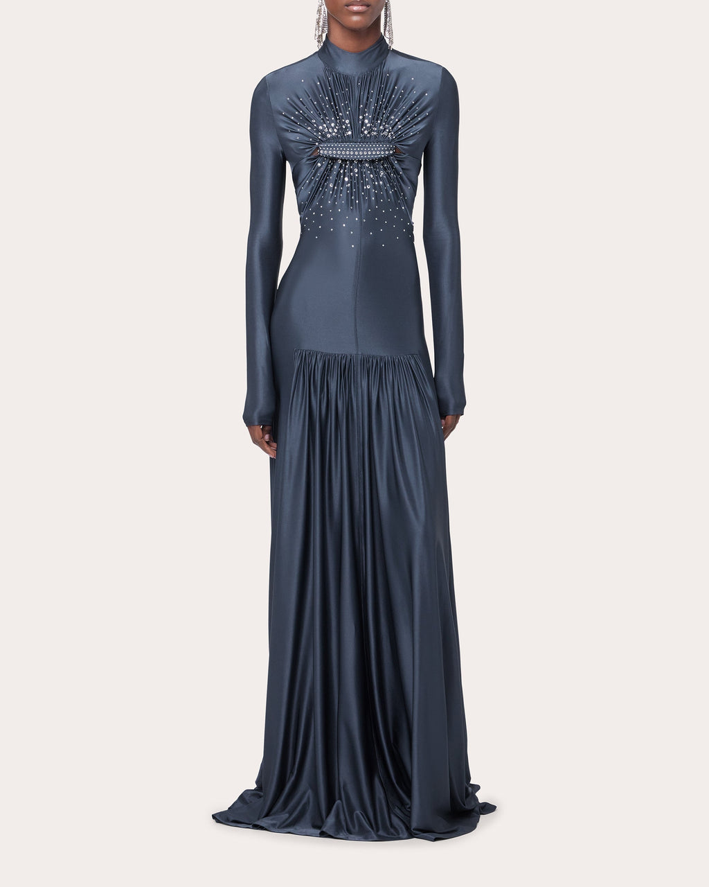 Gathered Crystal-Embellished Jersey Maxi Dress