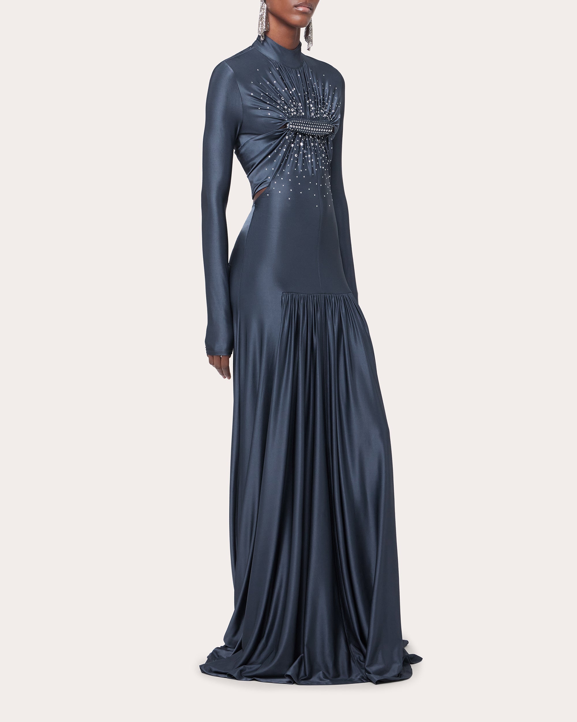 Gathered Crystal-Embellished Jersey Maxi Dress