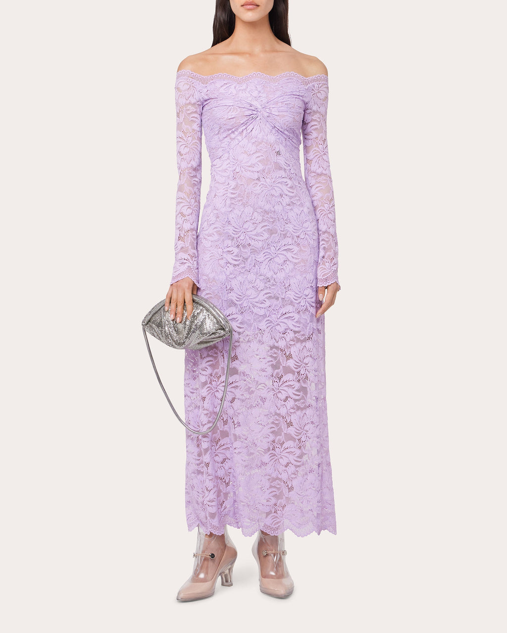 Twist-Front Floral Lace Off-Shoulder Maxi Dress