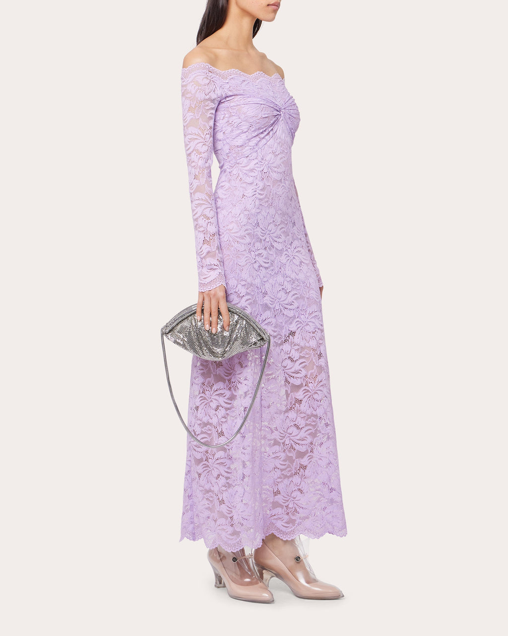 Twist-Front Floral Lace Off-Shoulder Maxi Dress