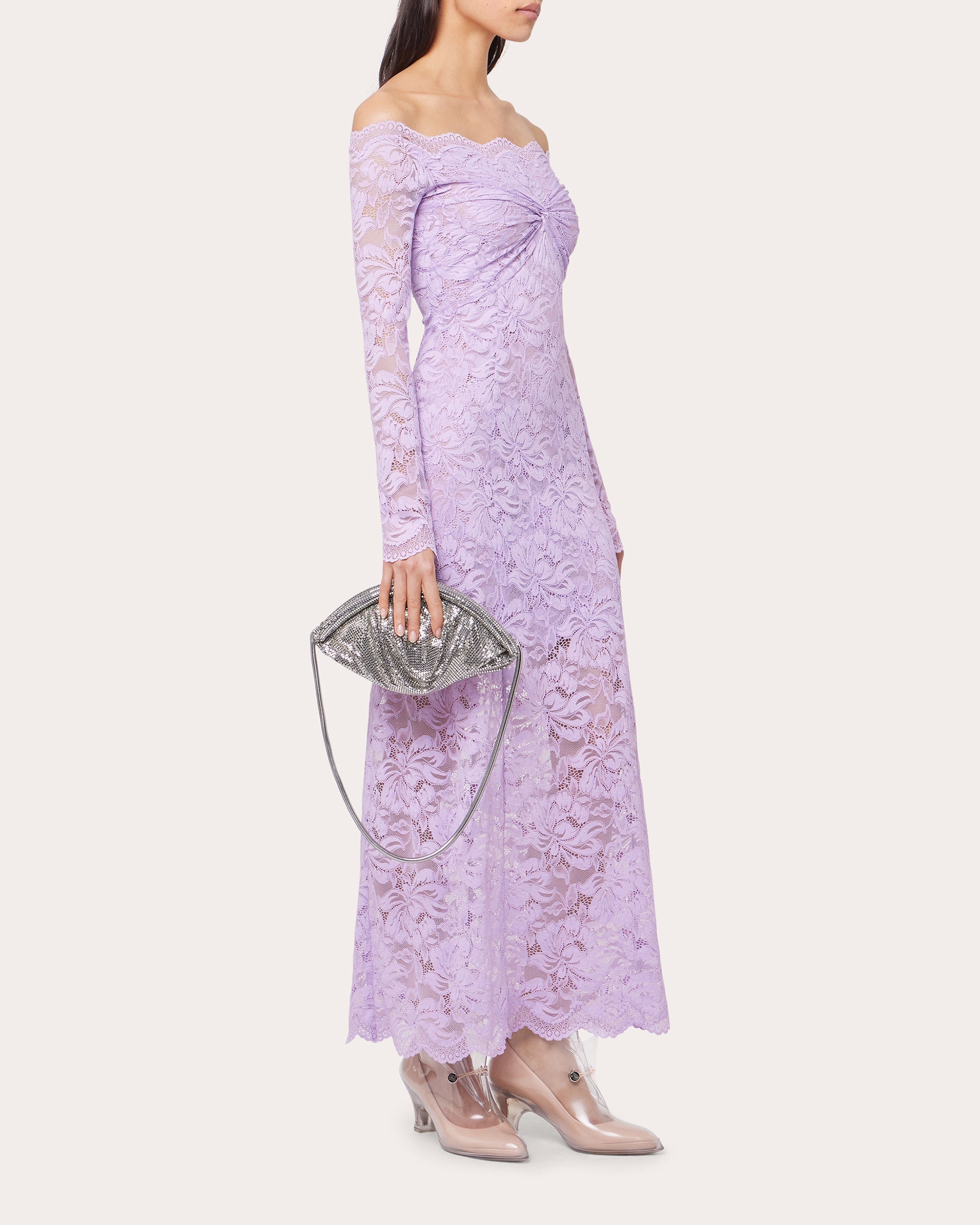Twist-Front Floral Lace Off-Shoulder Maxi Dress