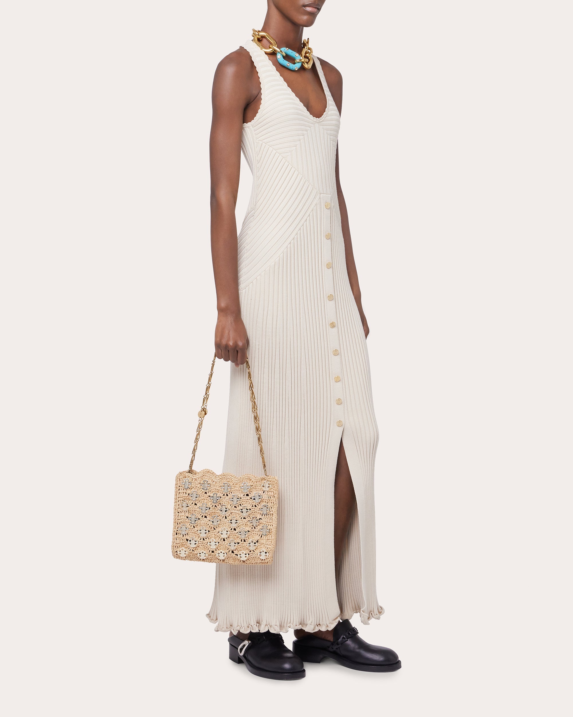 Iconic 1969 Wave Chainmail Embellished Raffia Shoulder Bag
