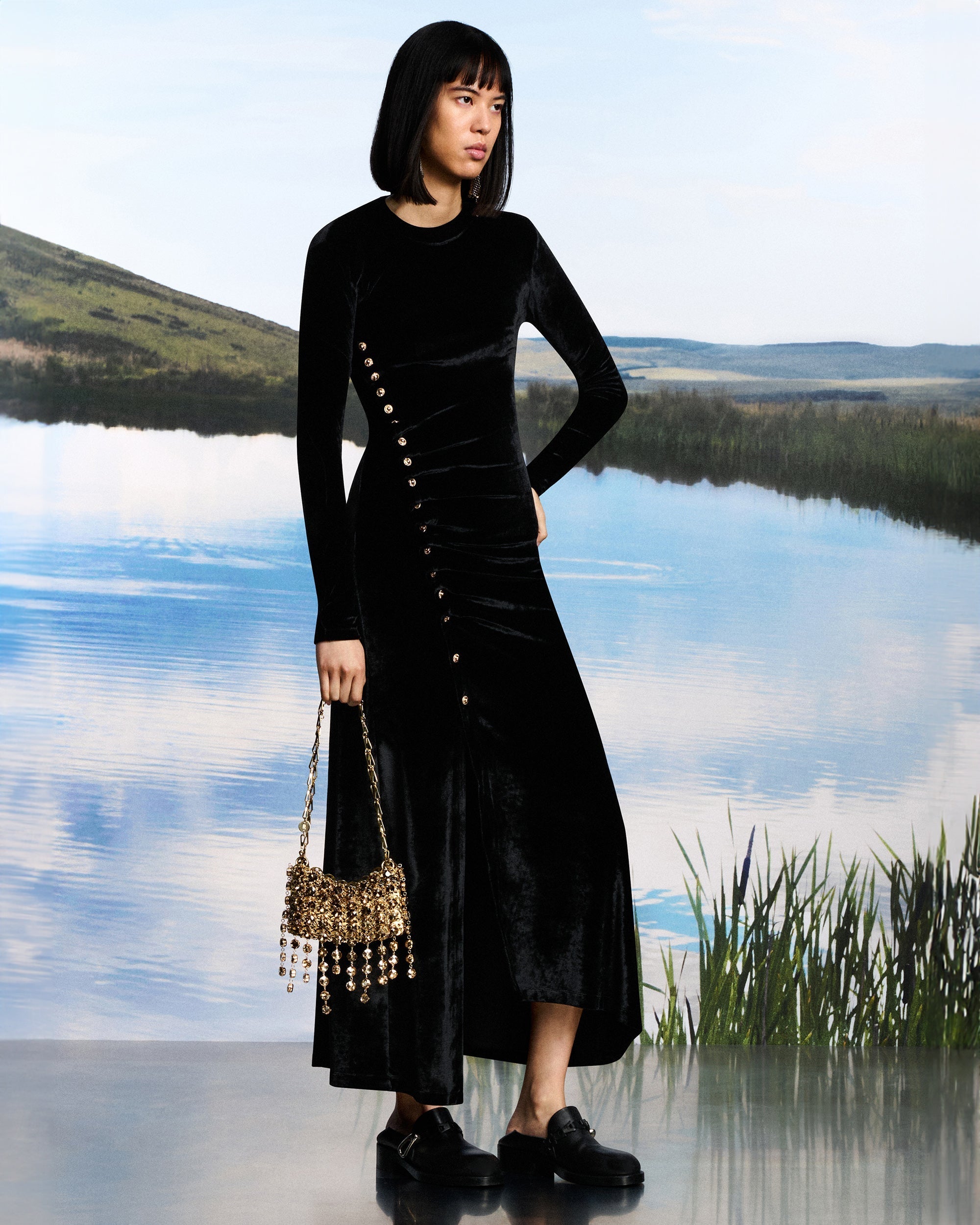 Gathered Embellished Velvet Midi Dress