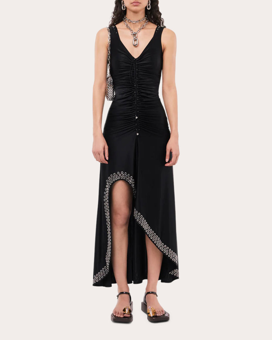 Embellished Asymmetric Ruched Satin-Jersey Dress