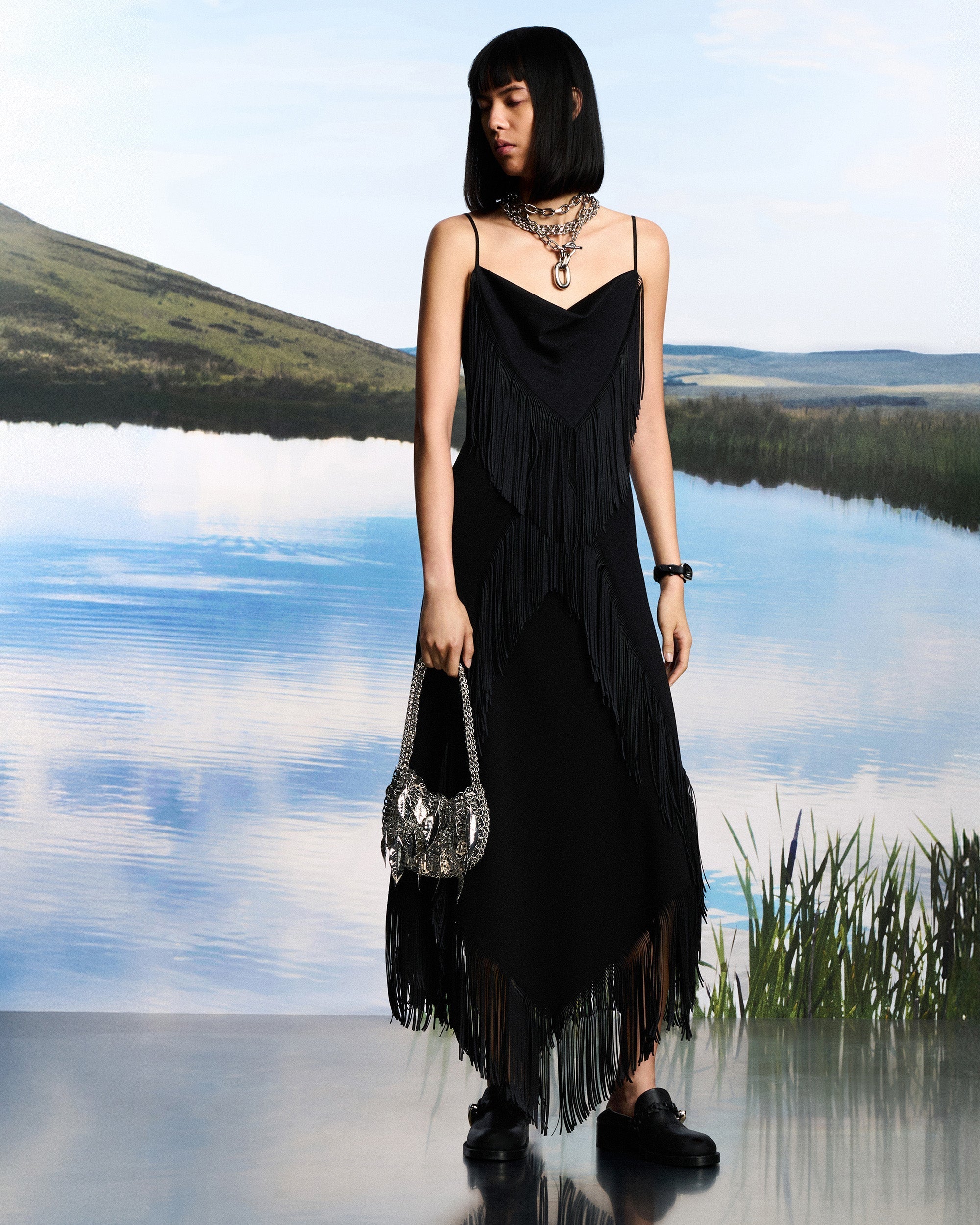 Asymmetric Fringe-Trimmed Crepe Midi Dress