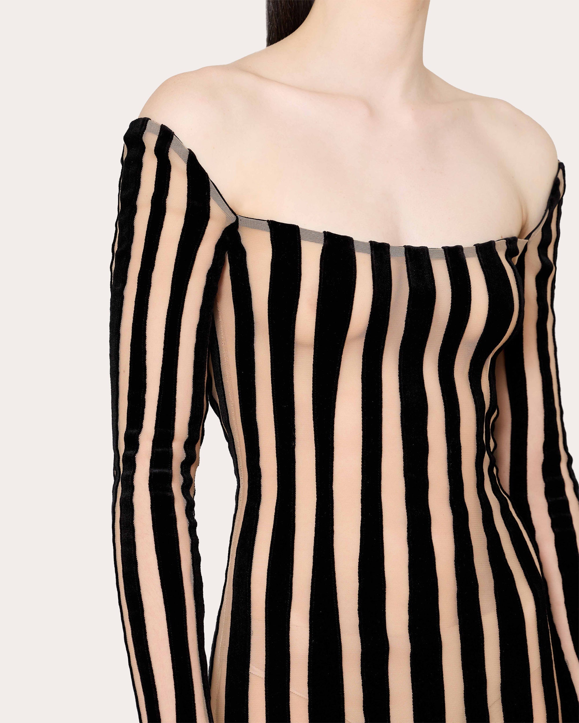 Striped Mesh-Panel Mini Dress