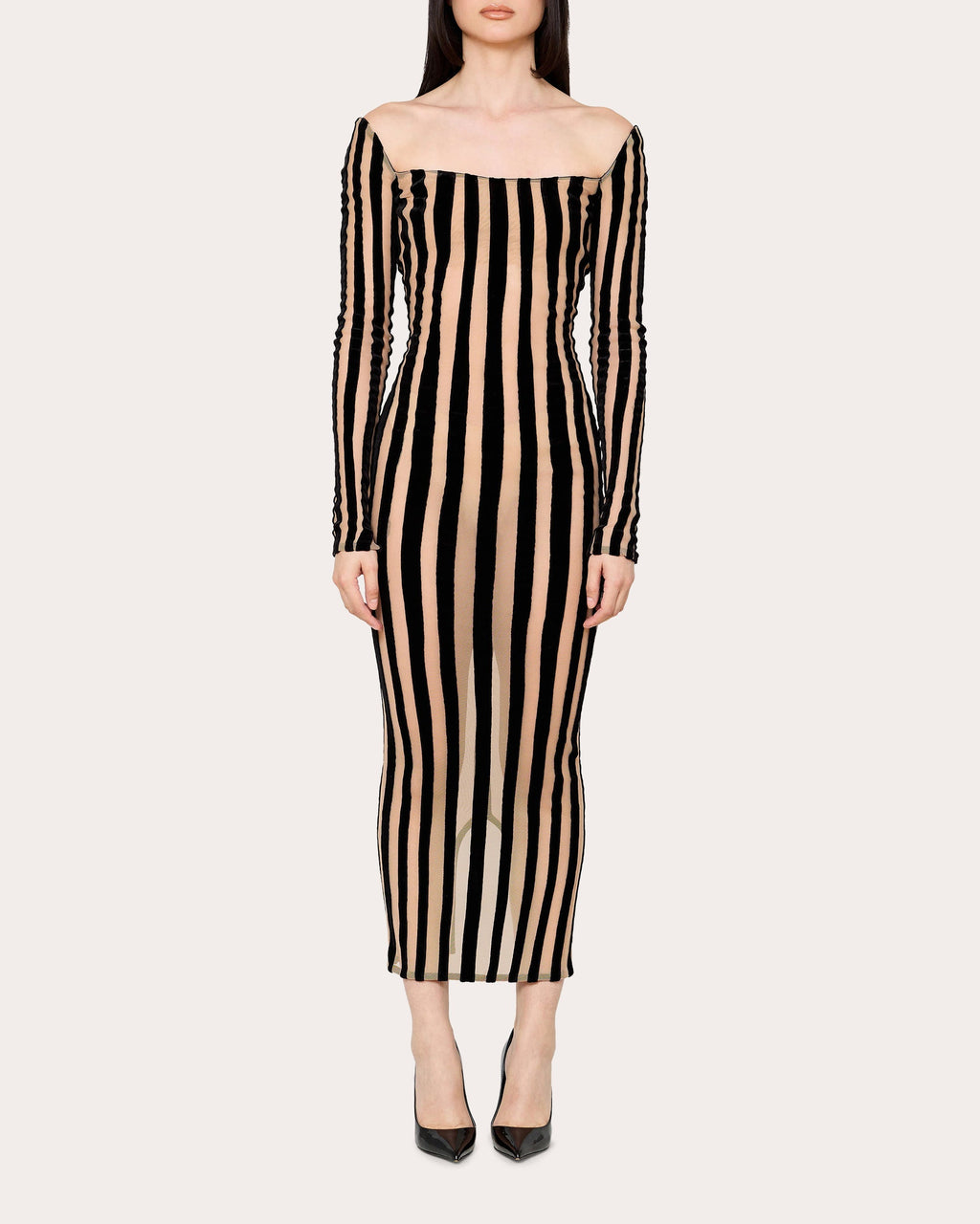 Striped Mesh-Panel Midi Dress