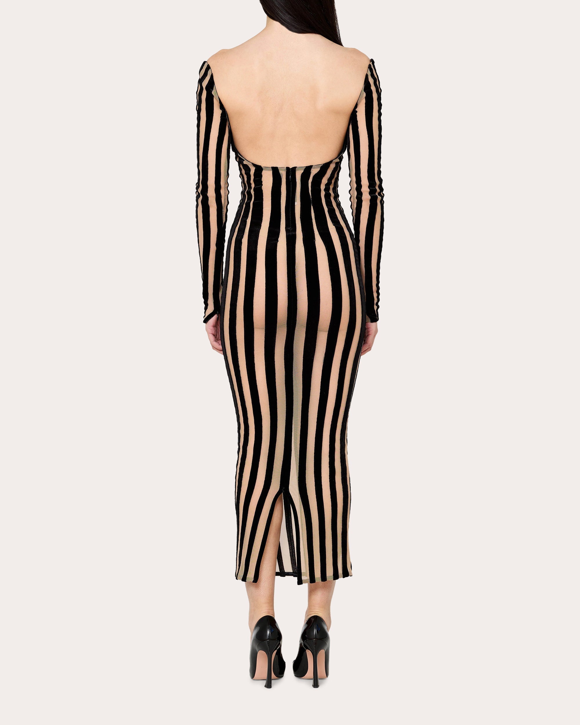 Striped Mesh-Panel Midi Dress