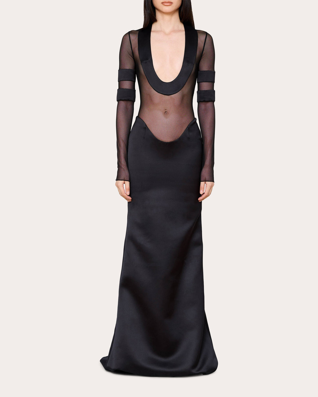 Mesh-Panel Satin Gown