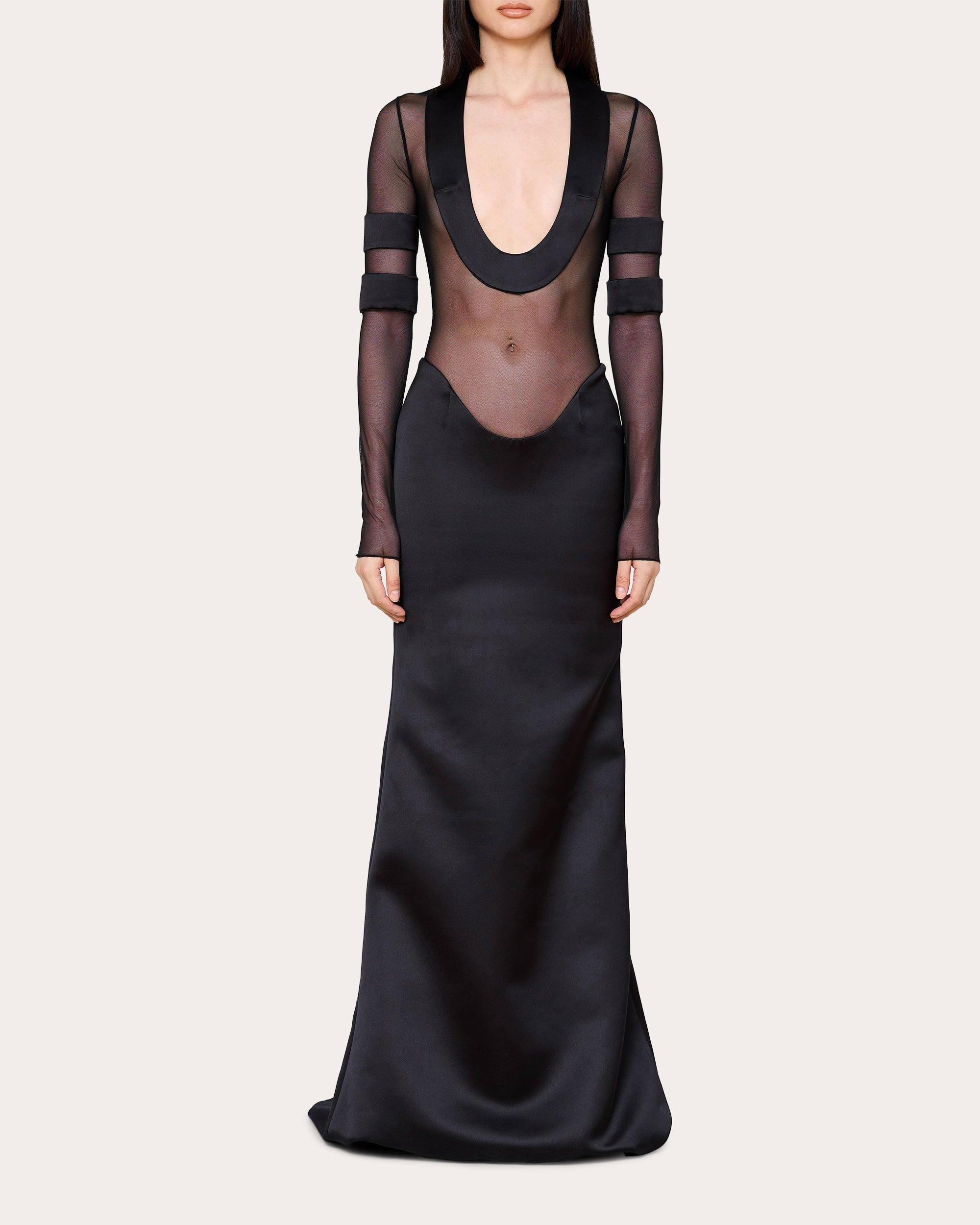 Mesh-Panel Satin Gown