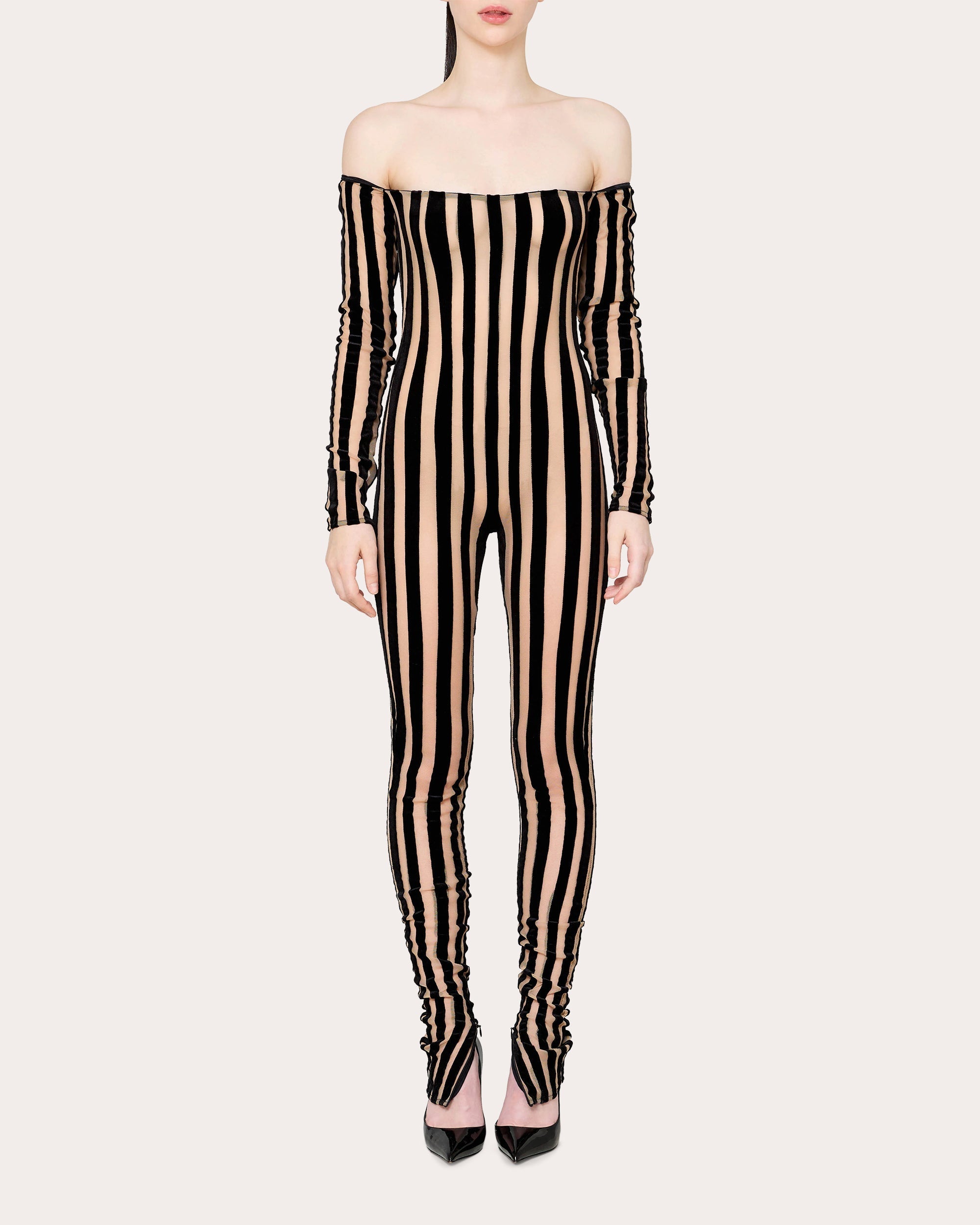 Striped Off-Shoulder Mesh-Panel Catsuit