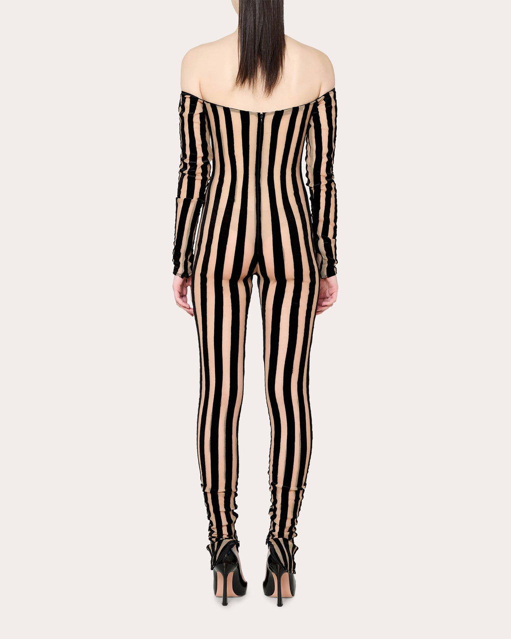 Striped Off-Shoulder Mesh-Panel Catsuit