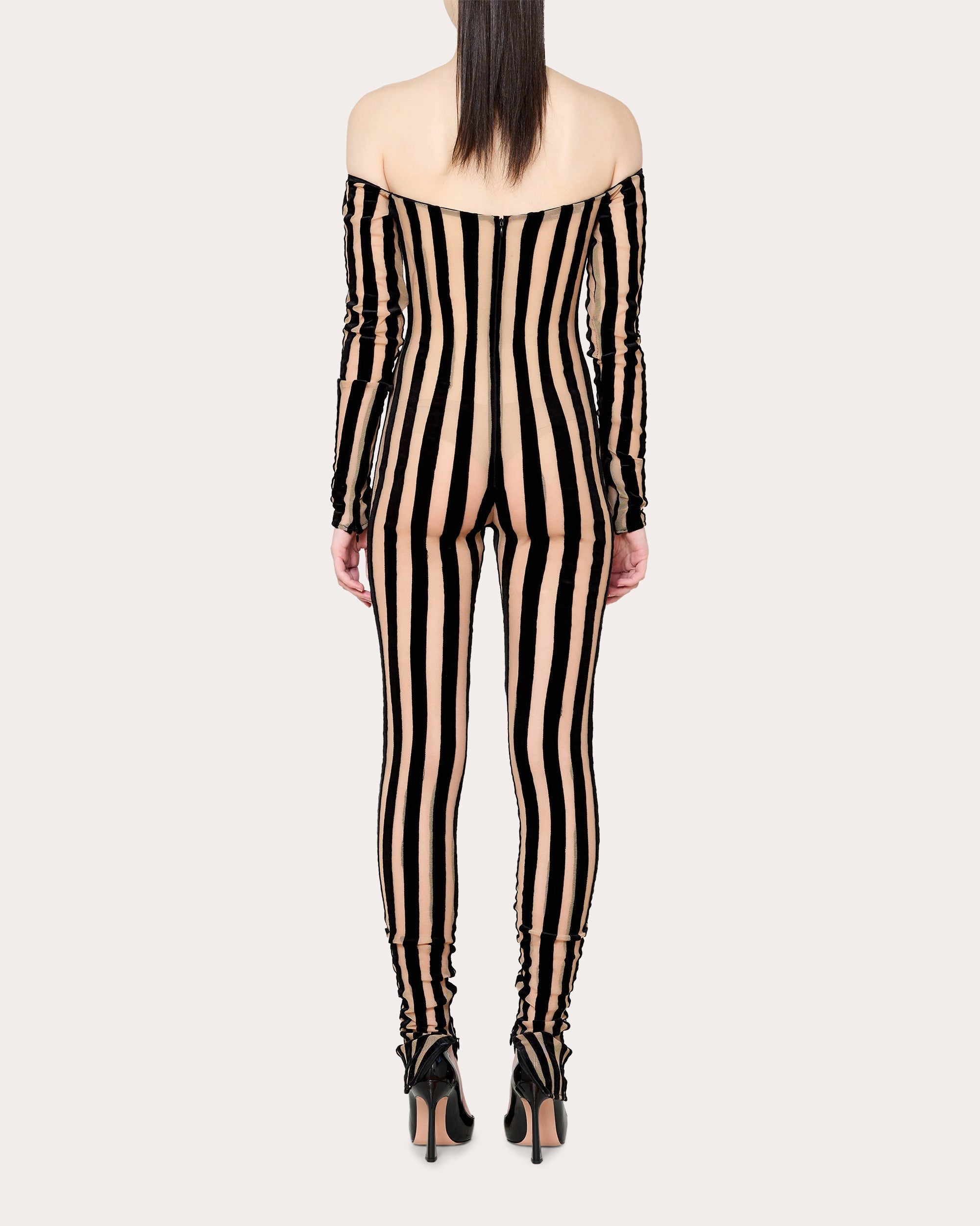 Striped Off-Shoulder Mesh-Panel Catsuit