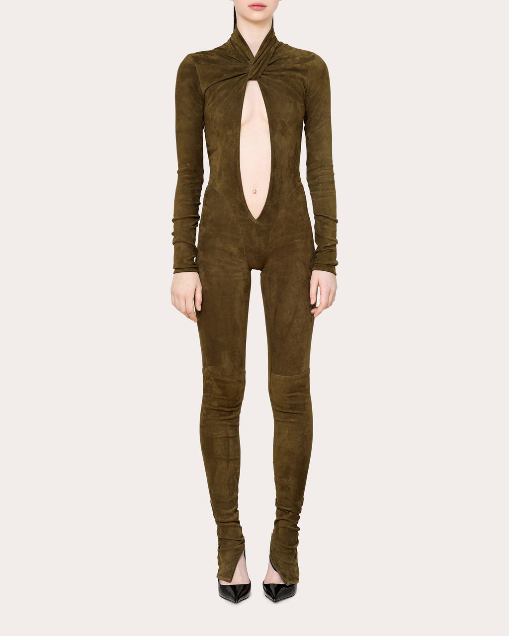 Twist-Front Faux Suede Cutout Jumpsuit