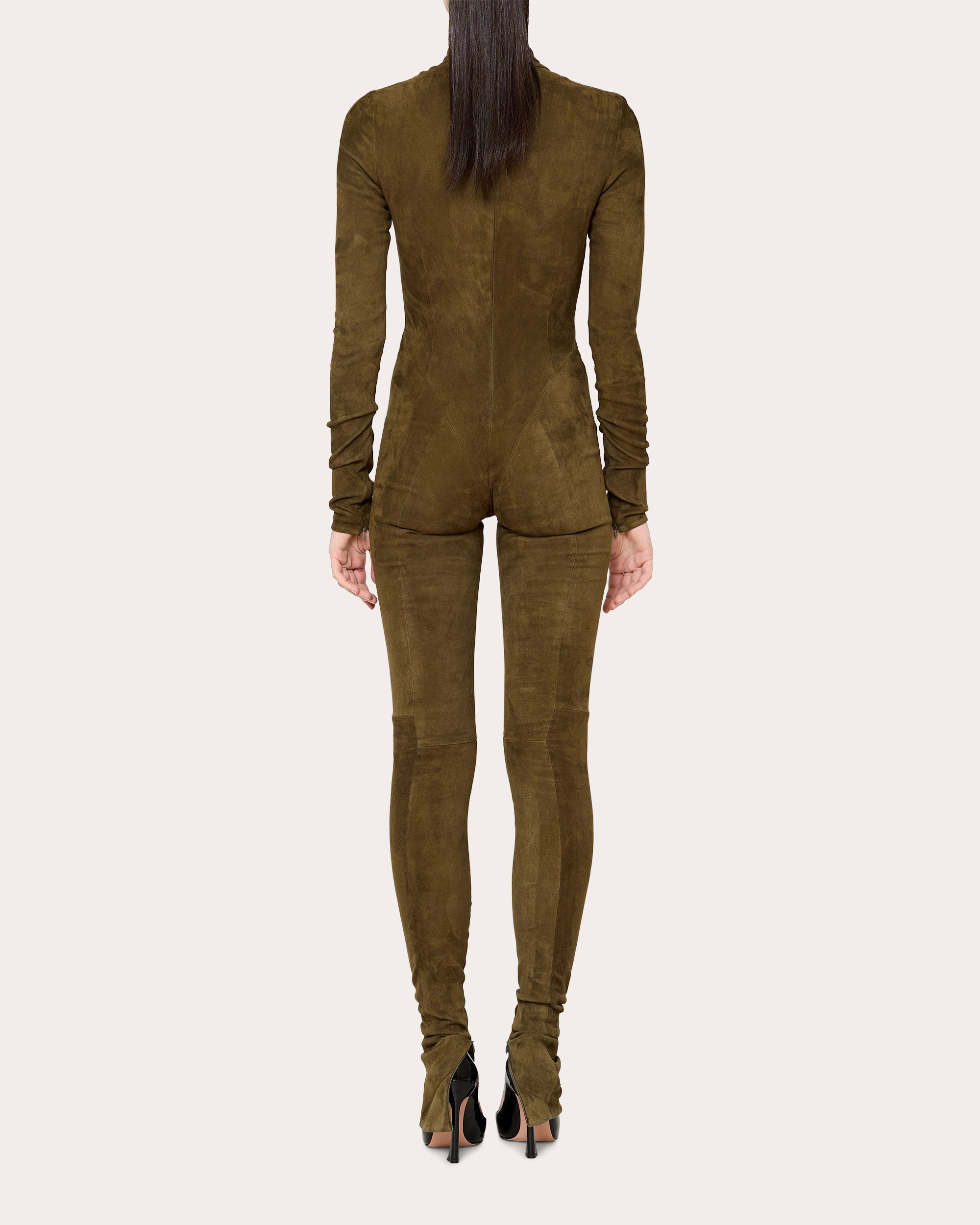 Twist-Front Faux Suede Cutout Jumpsuit